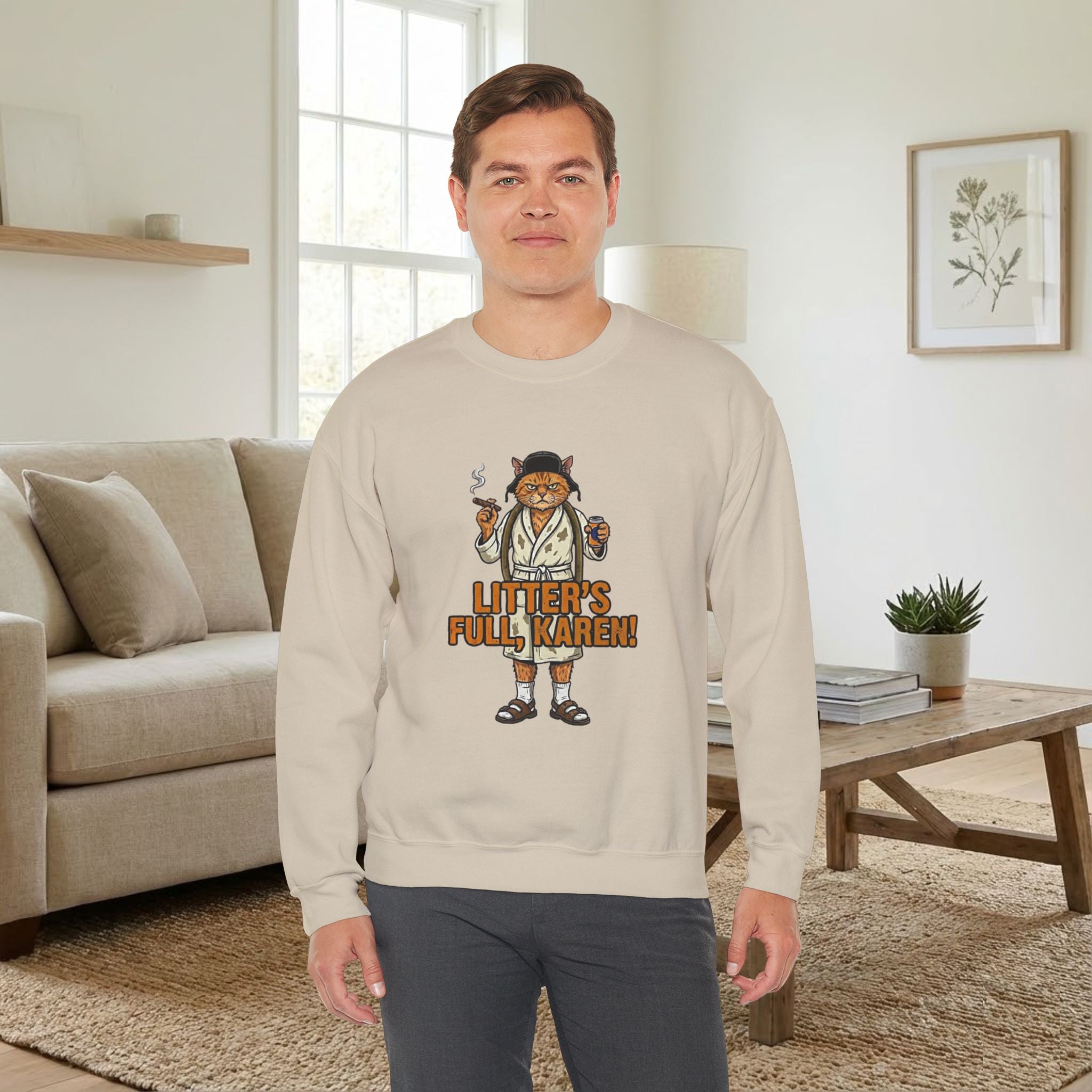 Cozy holiday lifestyle shot of a funny Christmas crewneck sweatshirt with a cat design that says Litter's Full Karen.