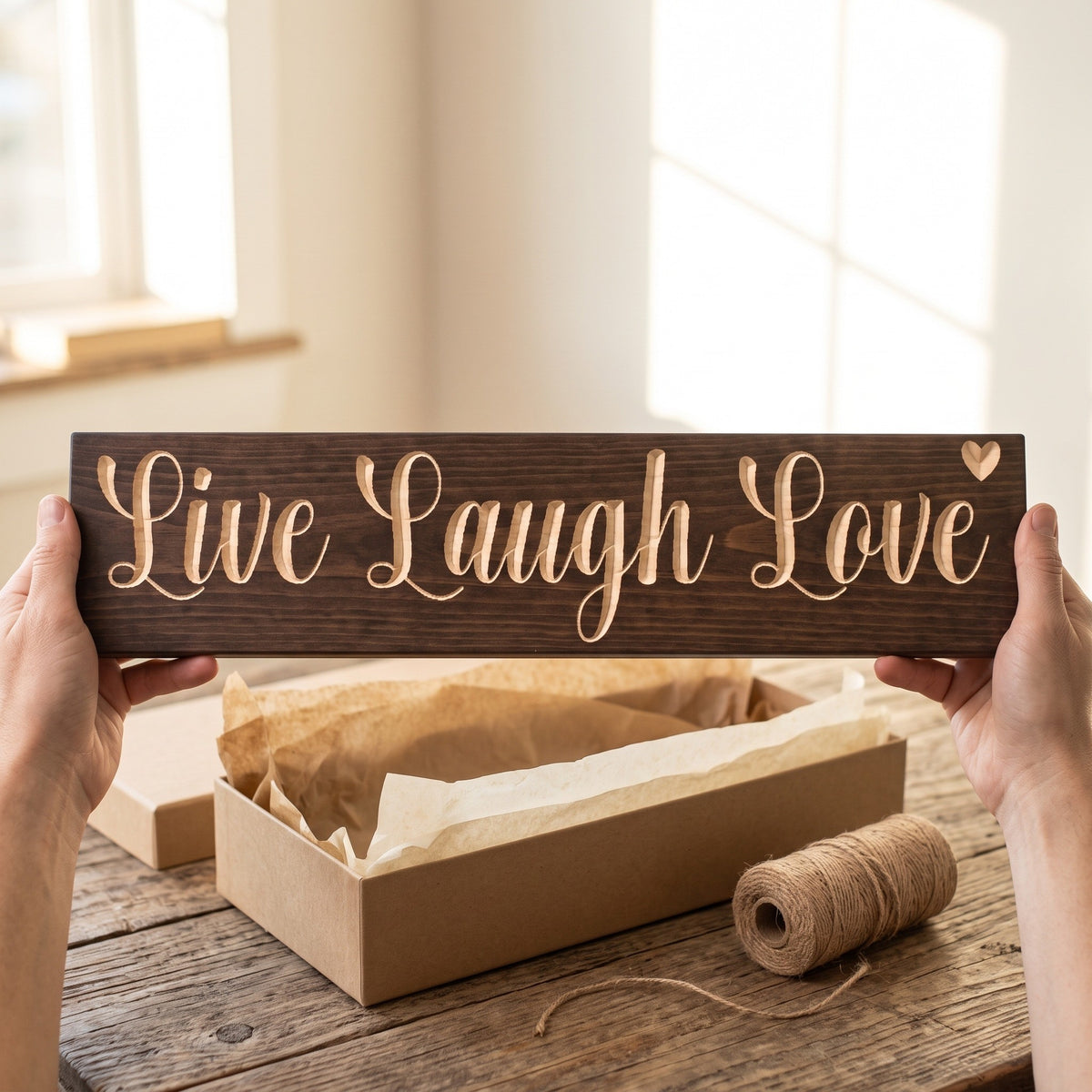 Hands holding the Live Laugh Love sign over a kraft gift box with tissue paper