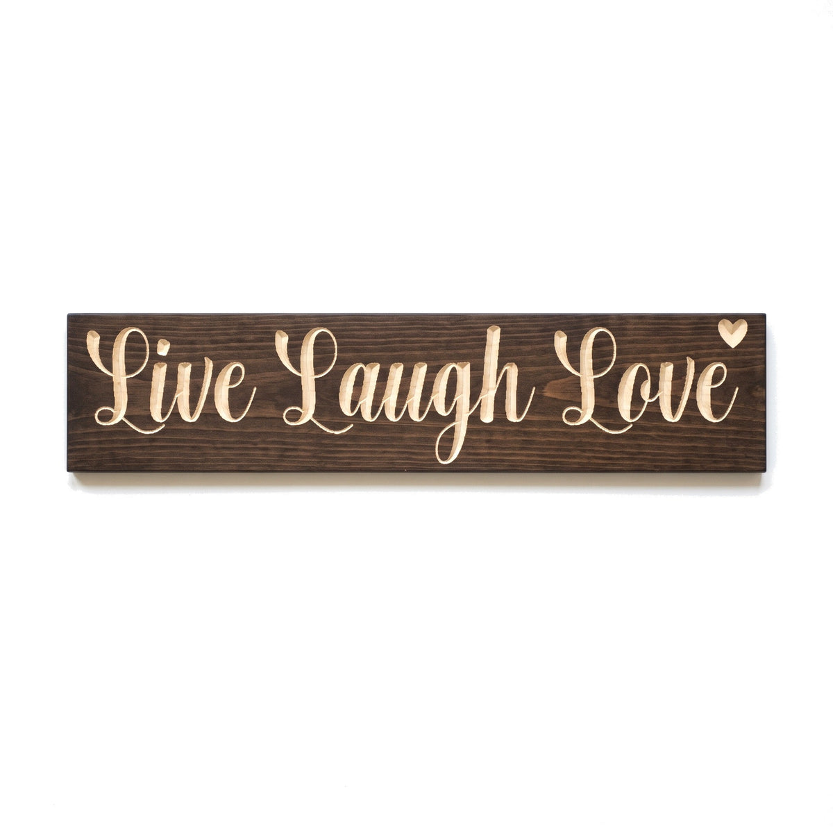 Live Laugh Love sign carved into solid wood in a Dark Walnut stain, straight on, on a white background