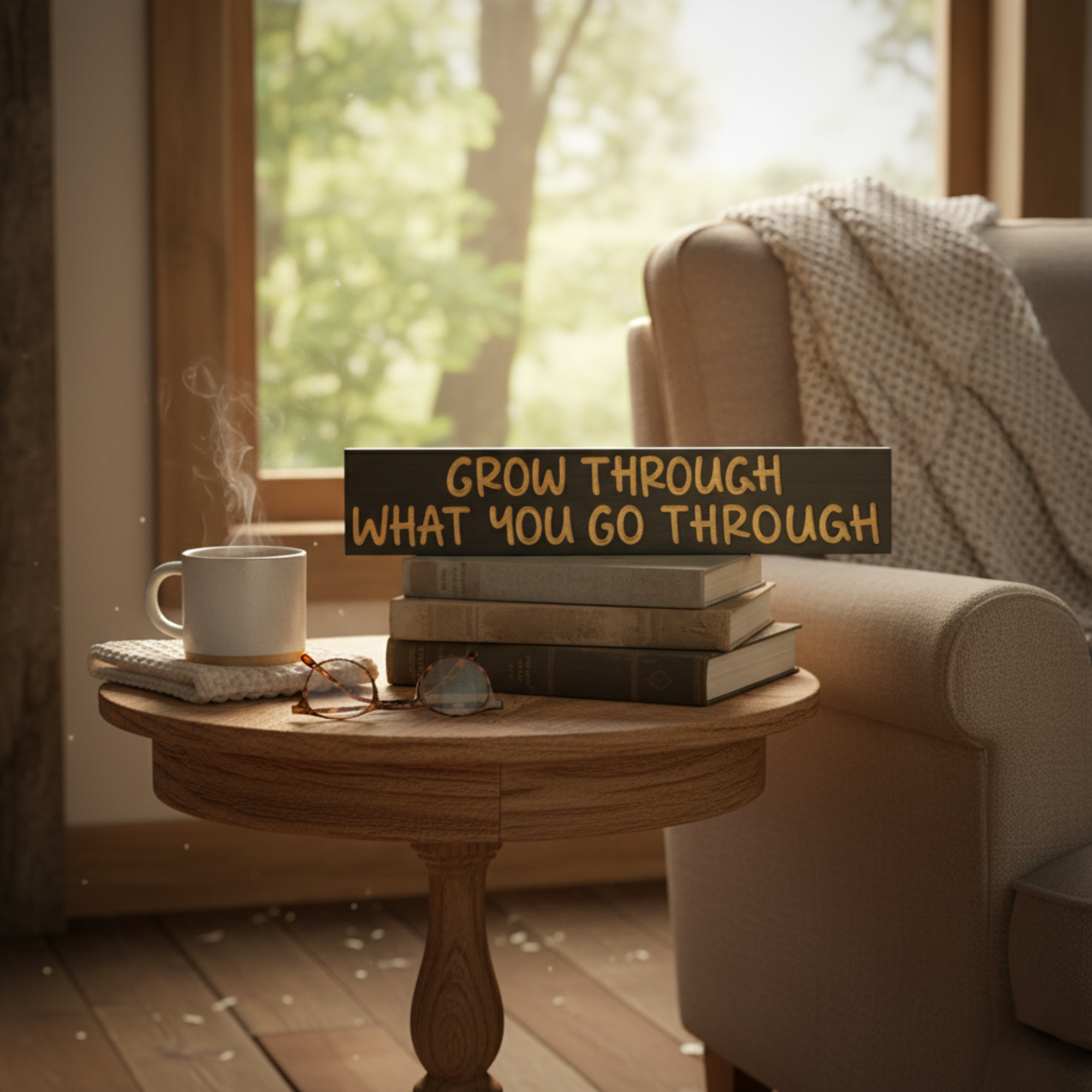 Lifestyle scene with the carved “Grow Through What You Go Through” wood sign on a side table in a cozy living room.