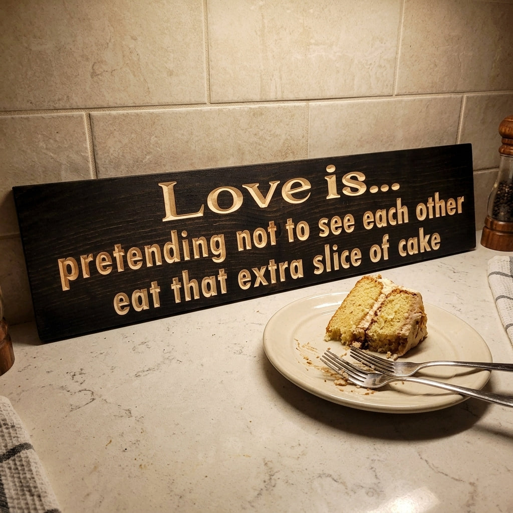 Love Is Pretending Not to See Each Other Eat That Extra Slice of Cake Sign - Funny Couple Decor