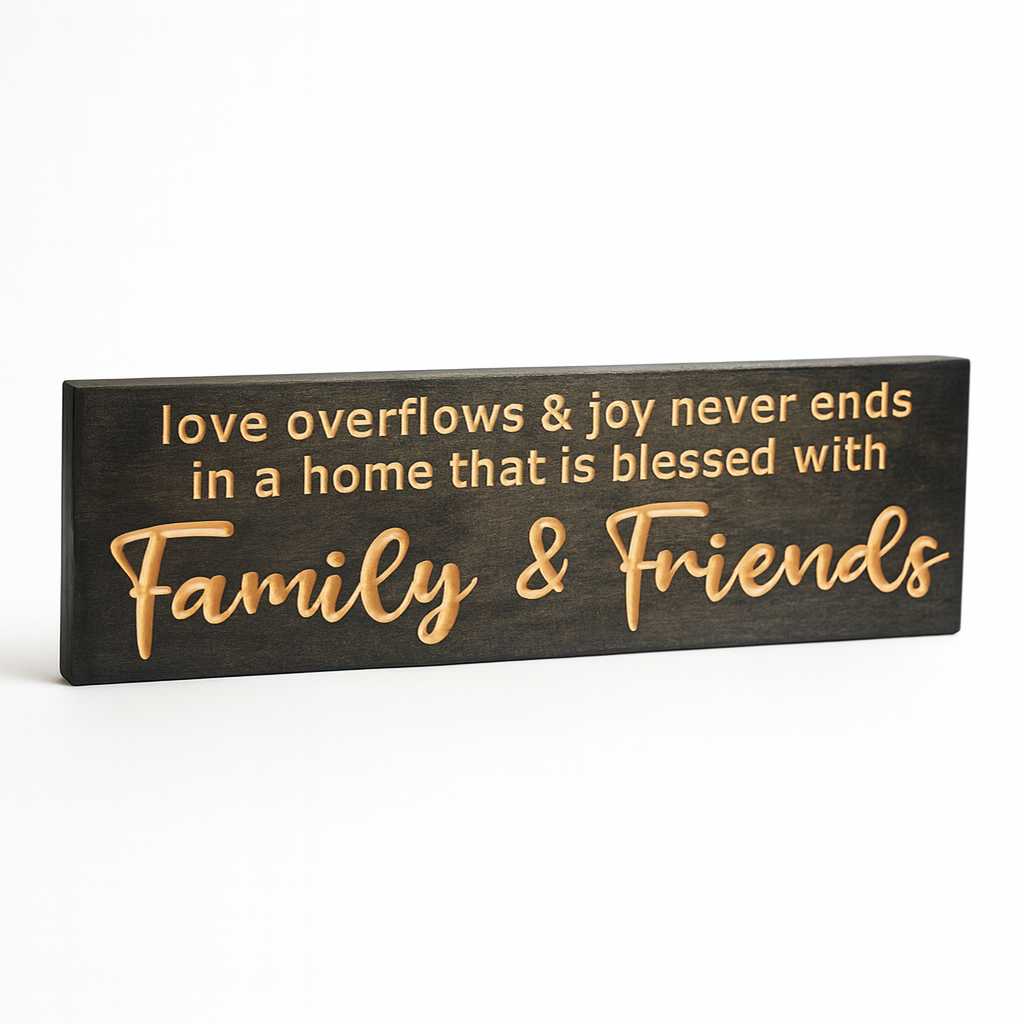 Angled hero view of “Love Overflows and Joy Never Ends” Family & Friends wooden sign, rustic farmhouse wall art.
