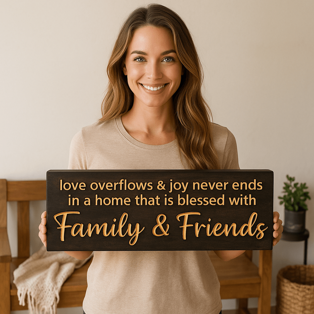 Woman holding “Love Overflows and Joy Never Ends” Family & Friends wooden sign, inspirational farmhouse wall art.