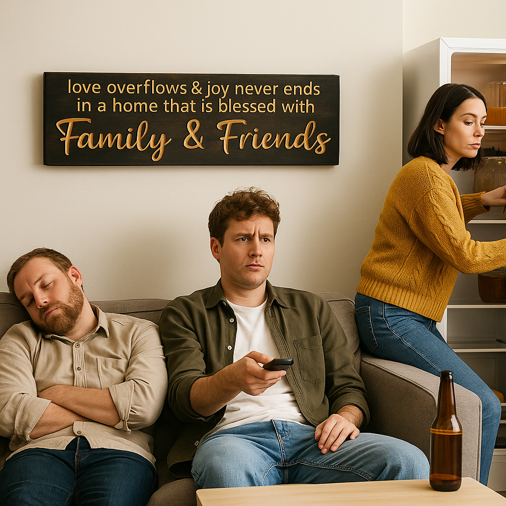 “Love Overflows and Joy Never Ends” Family & Friends wooden wall sign displayed in a living room, rustic farmhouse décor.
