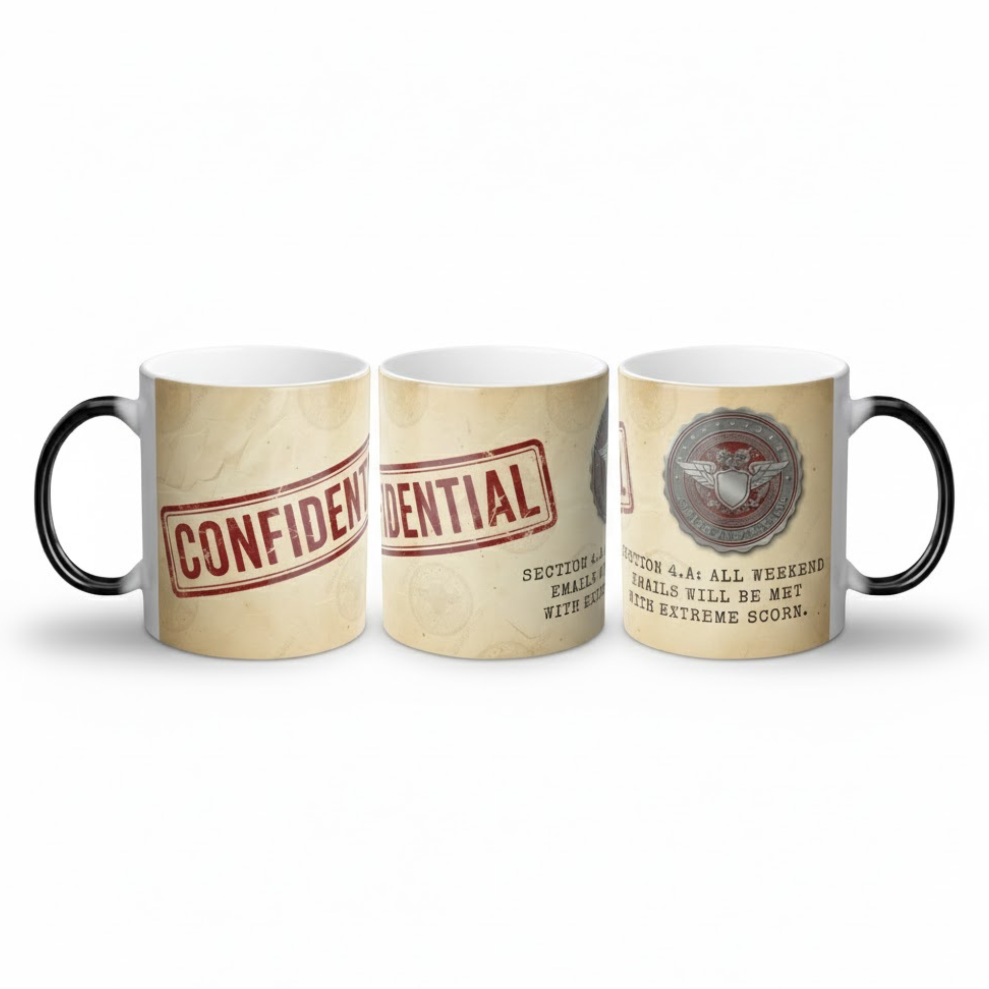 Three-angle view of the heat-reveal magic mug showing 'CONFIDENTIAL' stamp and 'Section 4.A' text.