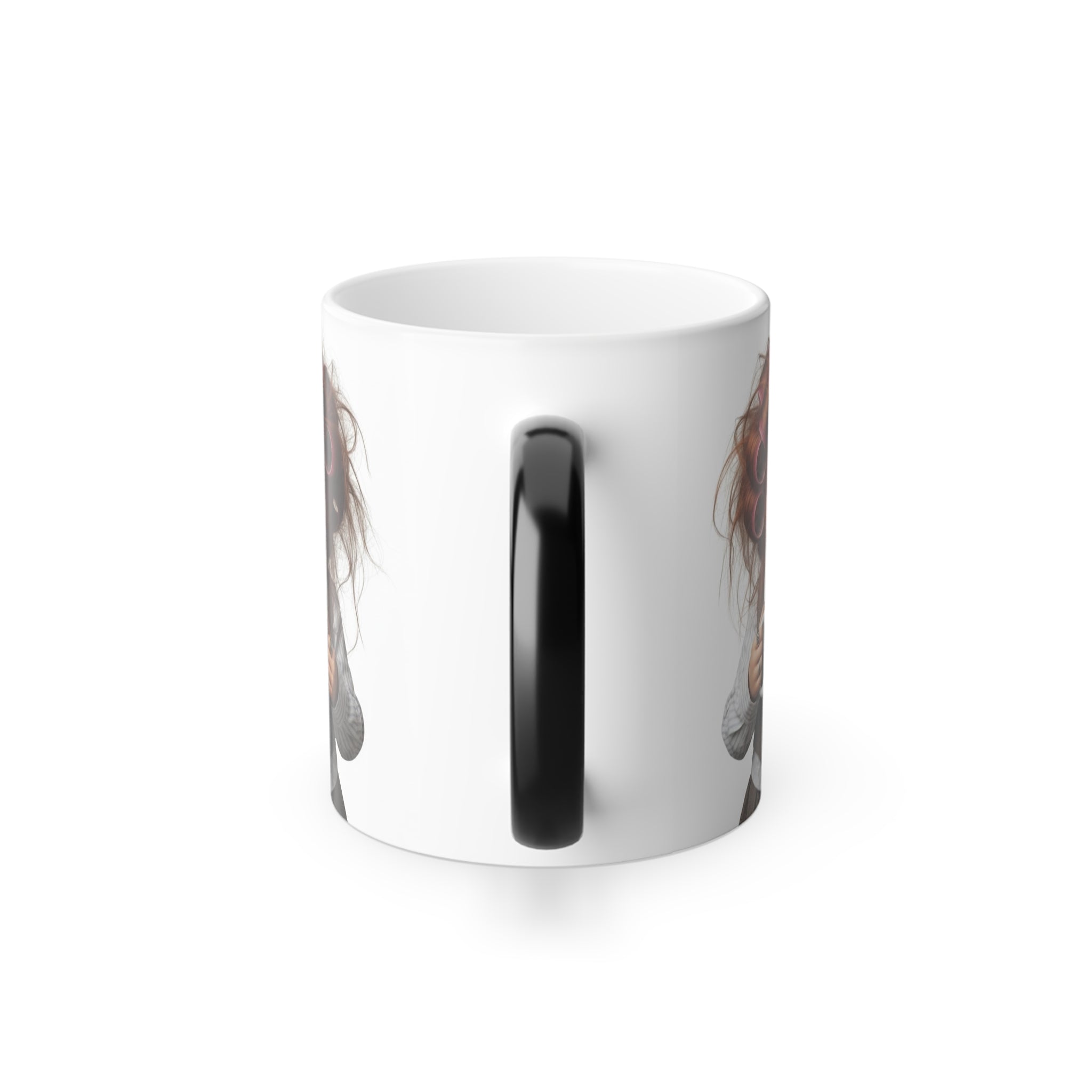 Back view of the matte black heat-changing mug showing the black handle and partial design reveal.