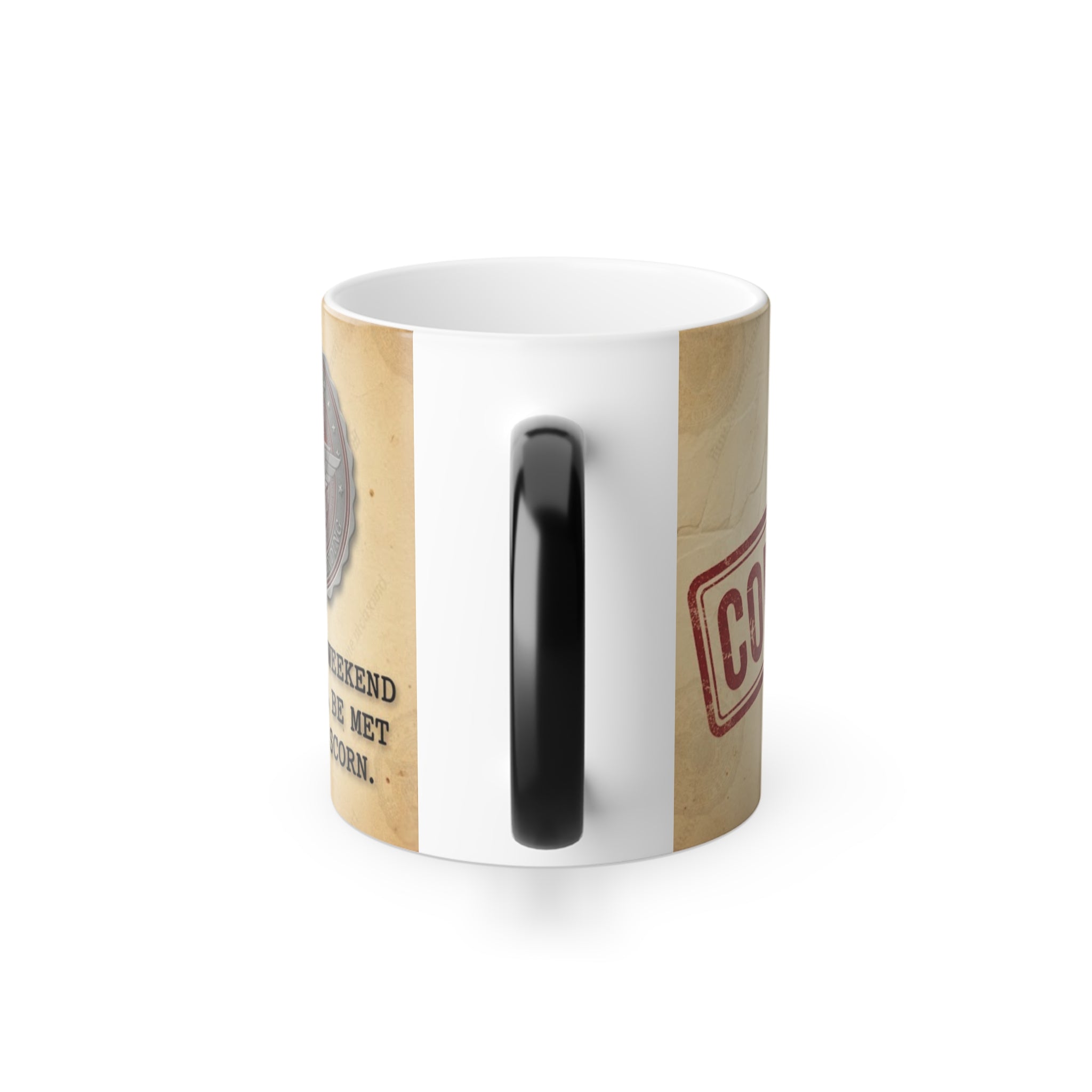 Side view of the heat-reactive mug with black handle, revealing 'weekend emails scorn' text and 'Sealed and Binding' emblem.
