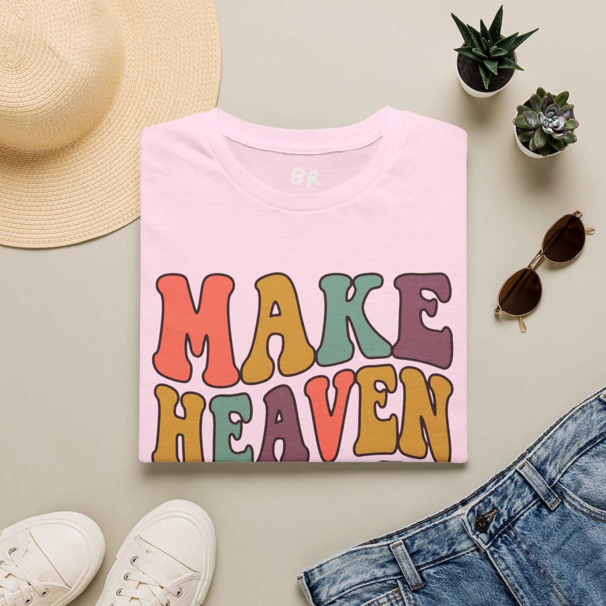 Make Heaven Crowded Shirt — Retro Groovy Christian Tee in Light Pink