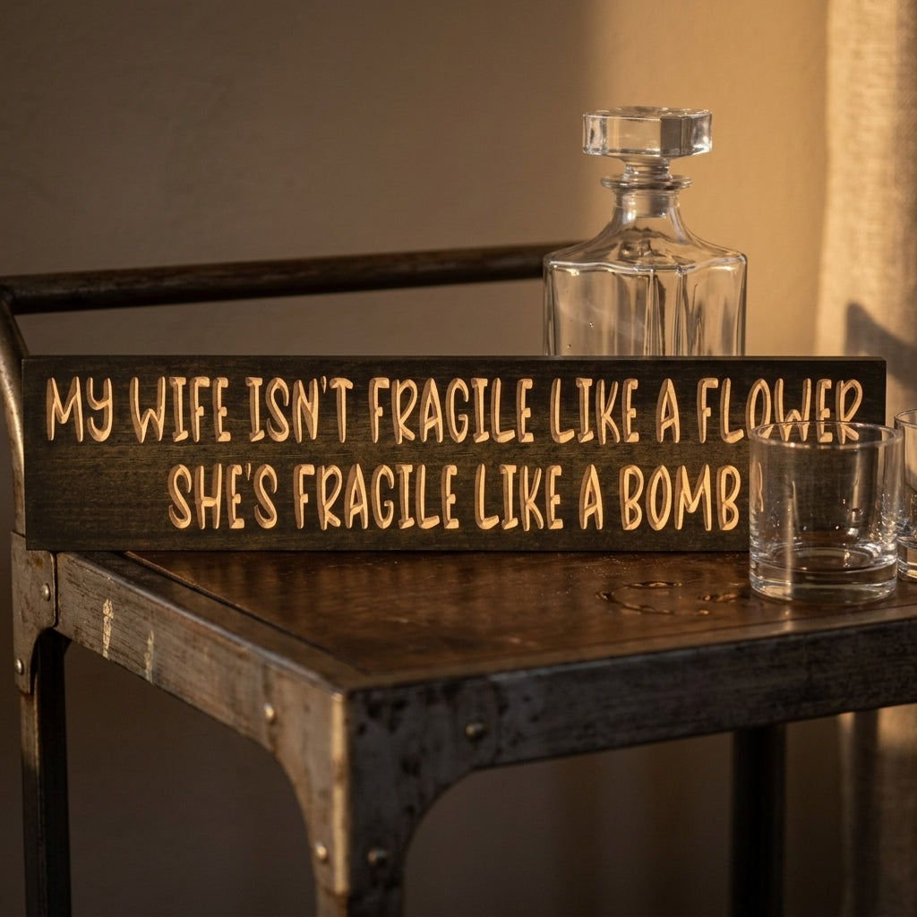 Marriage Sign — My Wife Isn't Fragile Like a Flower | Carved