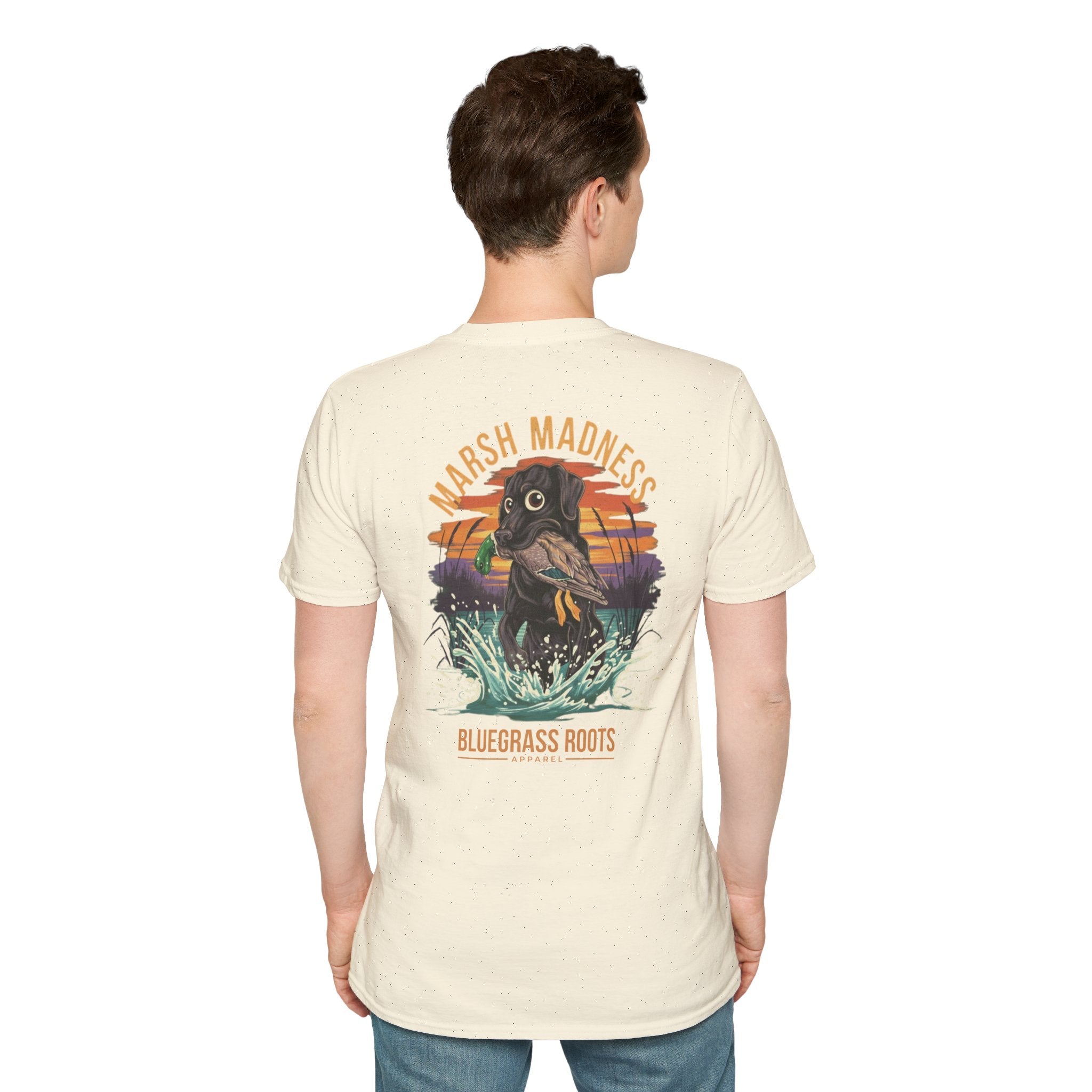 Marsh Madness Duck Hunting Dog & Mallard T-Shirt - graphic tee lifestyle model shot by Bluegrass Gifts