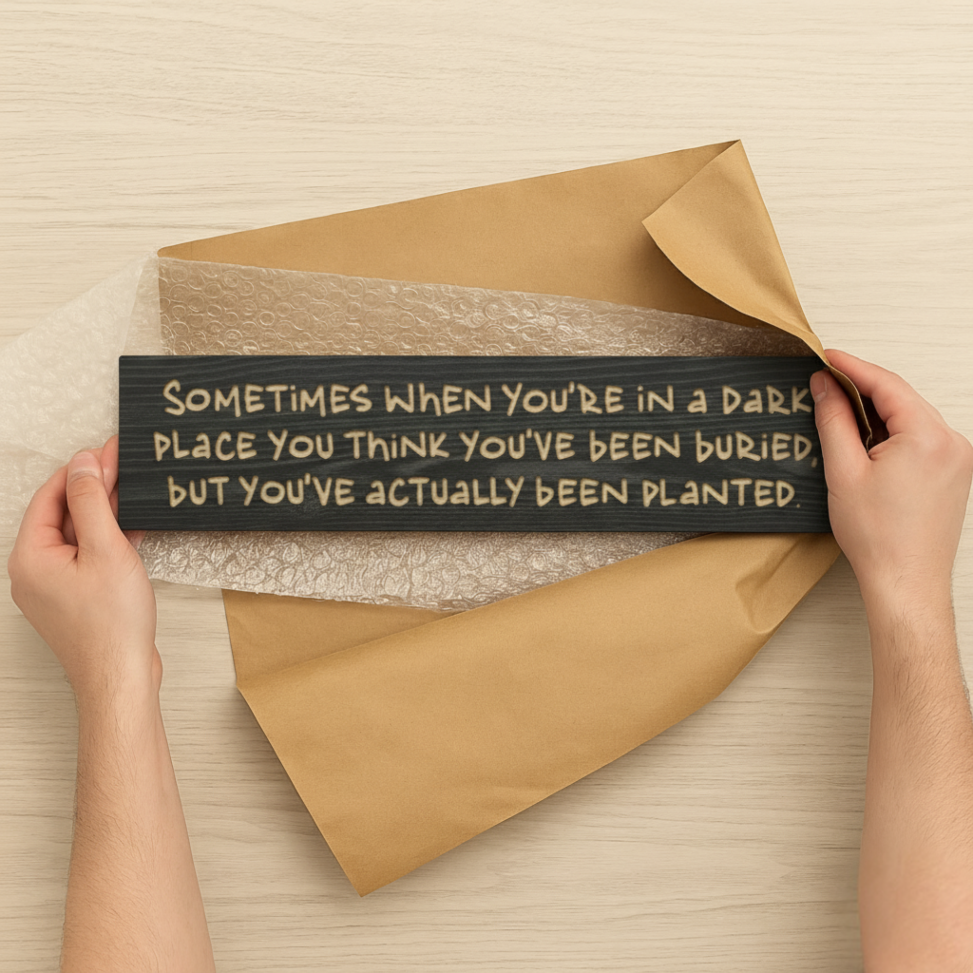 A pair of hands carefully unwrapping a handmade "Planted Not Buried" resilience sign from its packaging, showcasing it as a thoughtful encouragement gift for a friend on a healing journey.