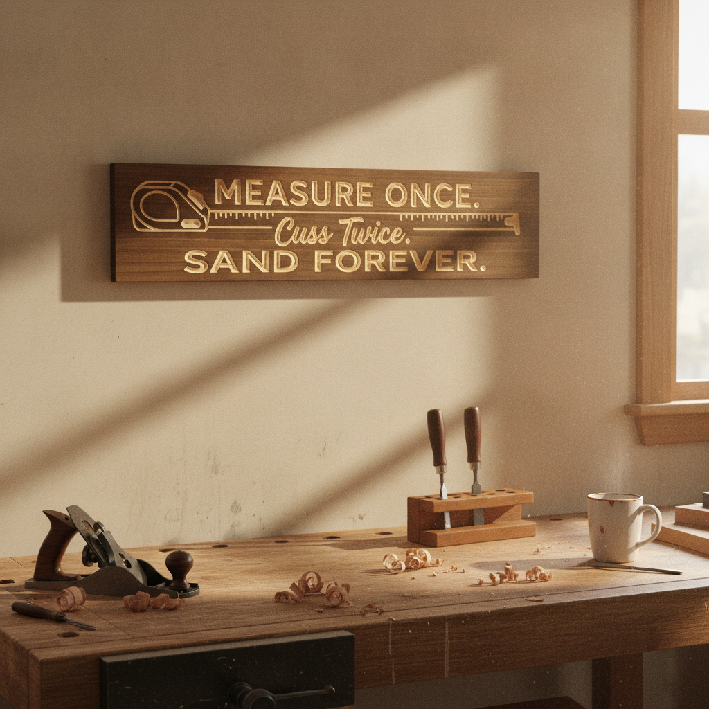 Wood Shop Sign — Measure Once, Cuss Twice, Sand Forever — styled in room — Bluegrass Gifts