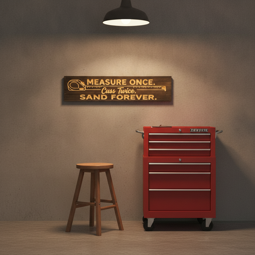 Wood Shop Sign — Measure Once, Cuss Twice, Sand Forever — styled on wall — Bluegrass Gifts