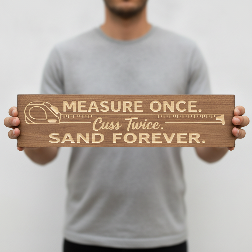 Wood Shop Sign — Measure Once, Cuss Twice, Sand Forever — shown to scale, held — Bluegrass Gifts