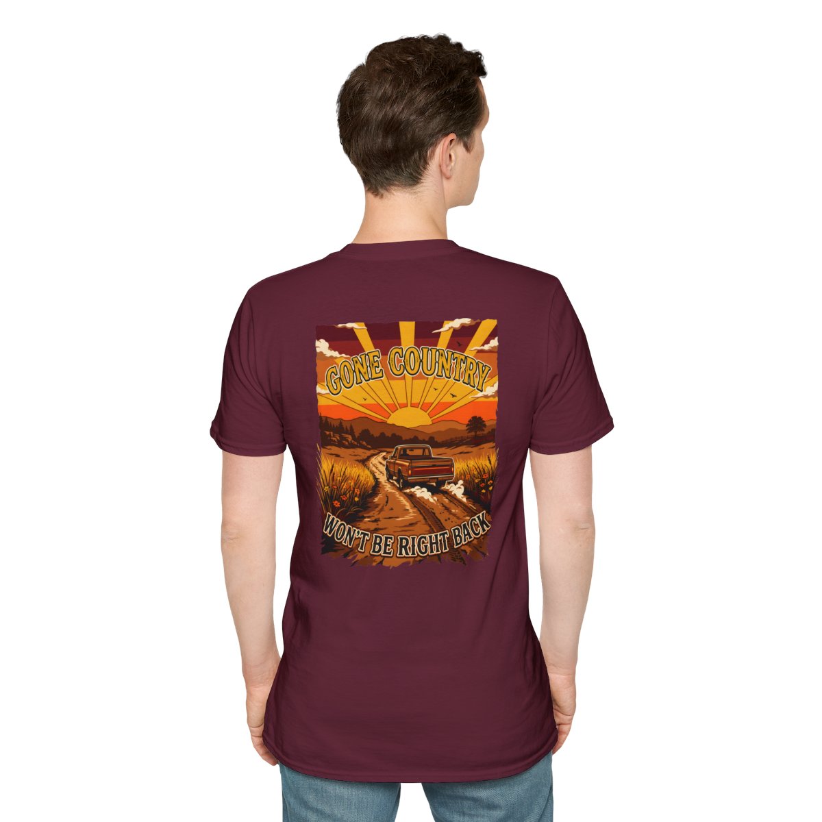 Mens Country Shirt — "Gone Country. Won't Be Right Back." in Maroon