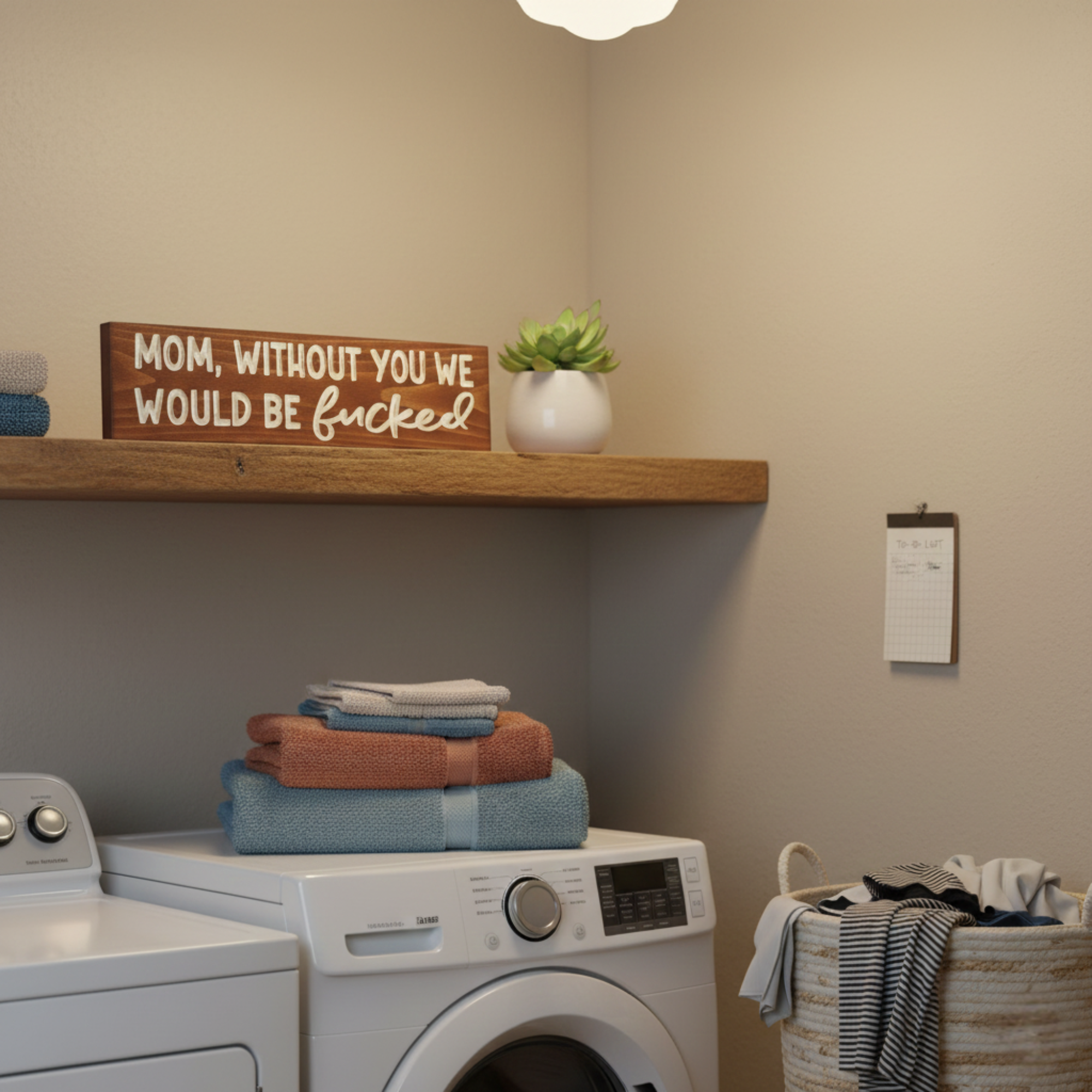 A Bluegrass Gifts funny carved sign styled on a rustic floating shelf with plants and home essentials