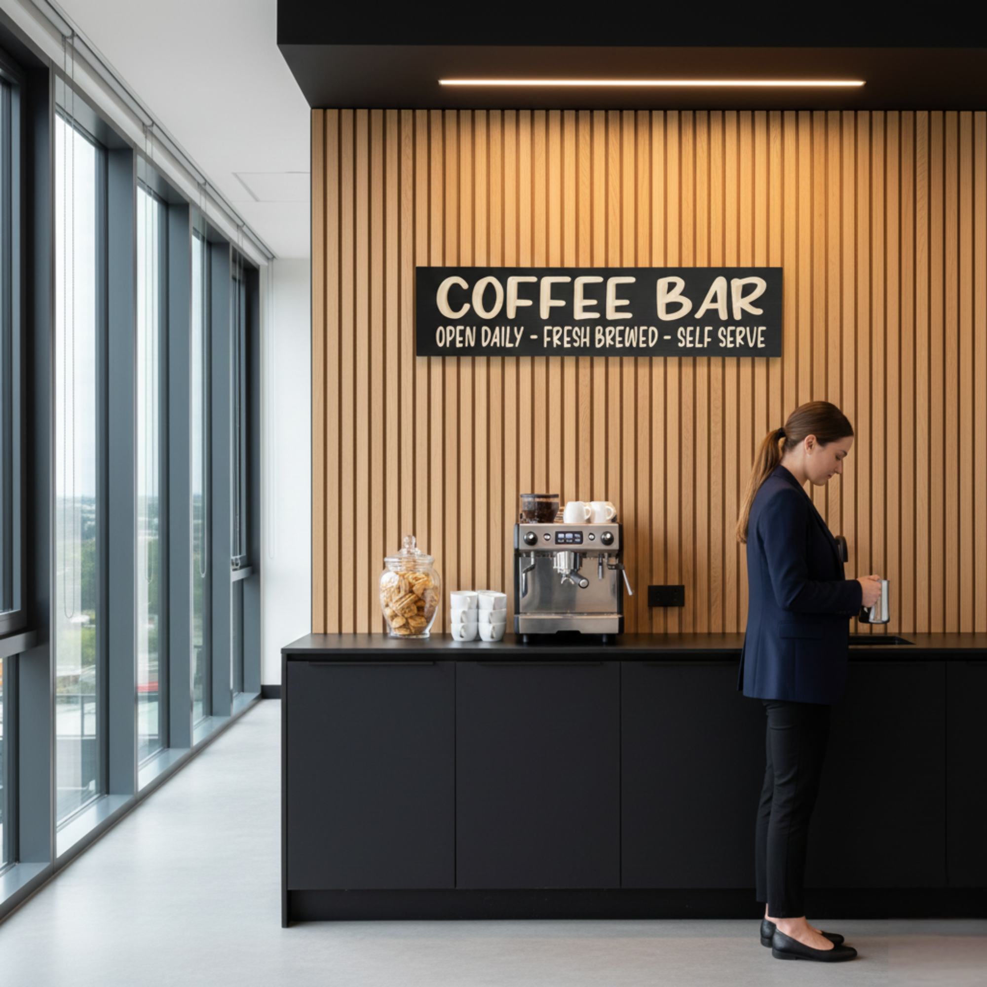 A professional office breakroom featuring the Bluegrass Gifts Coffee Bar sign mounted on a modern slatted wood wall.