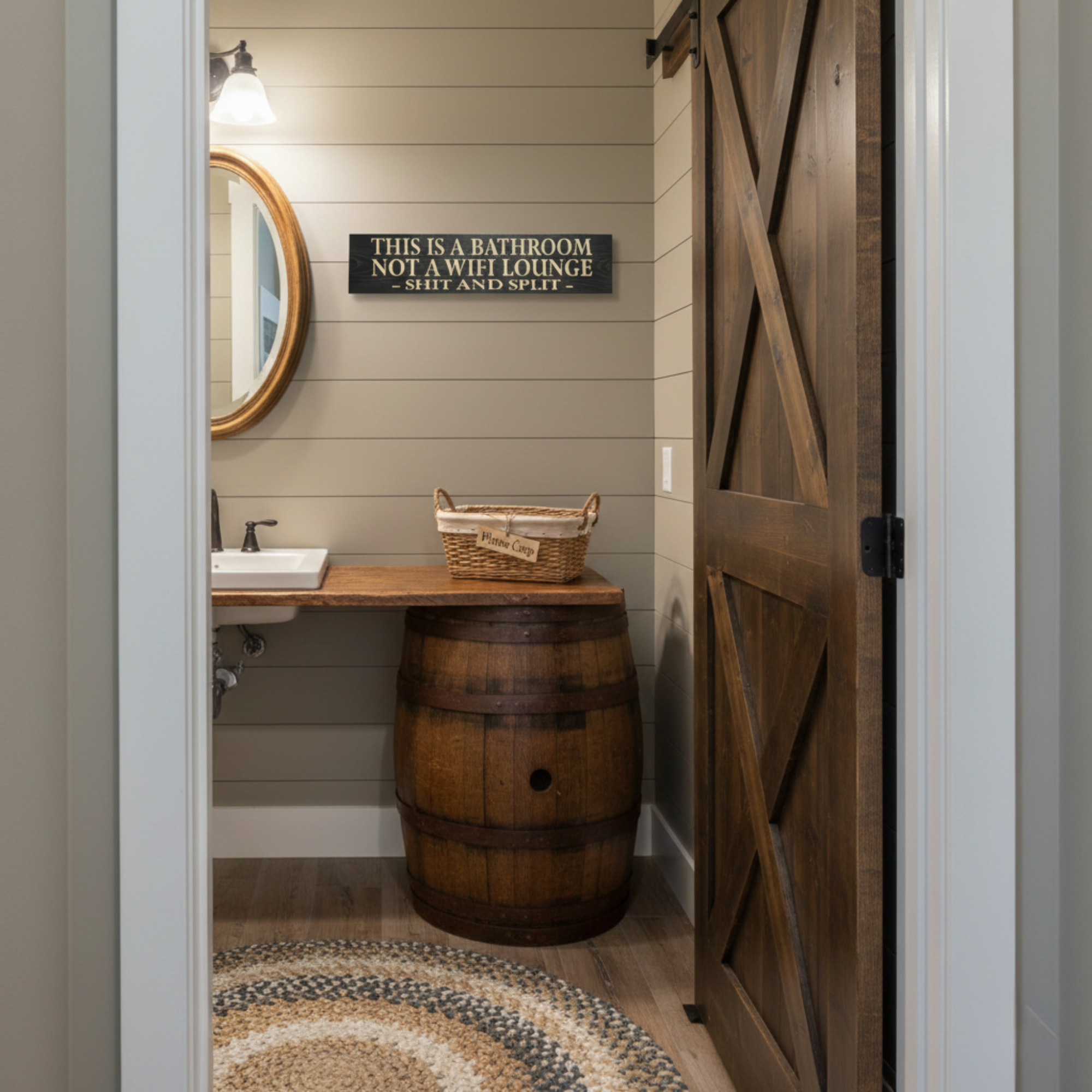 The black carved wood bathroom sign hanging in a modern rustic bathroom featuring shiplap walls, a bourbon barrel vanity, and a wooden barn door.