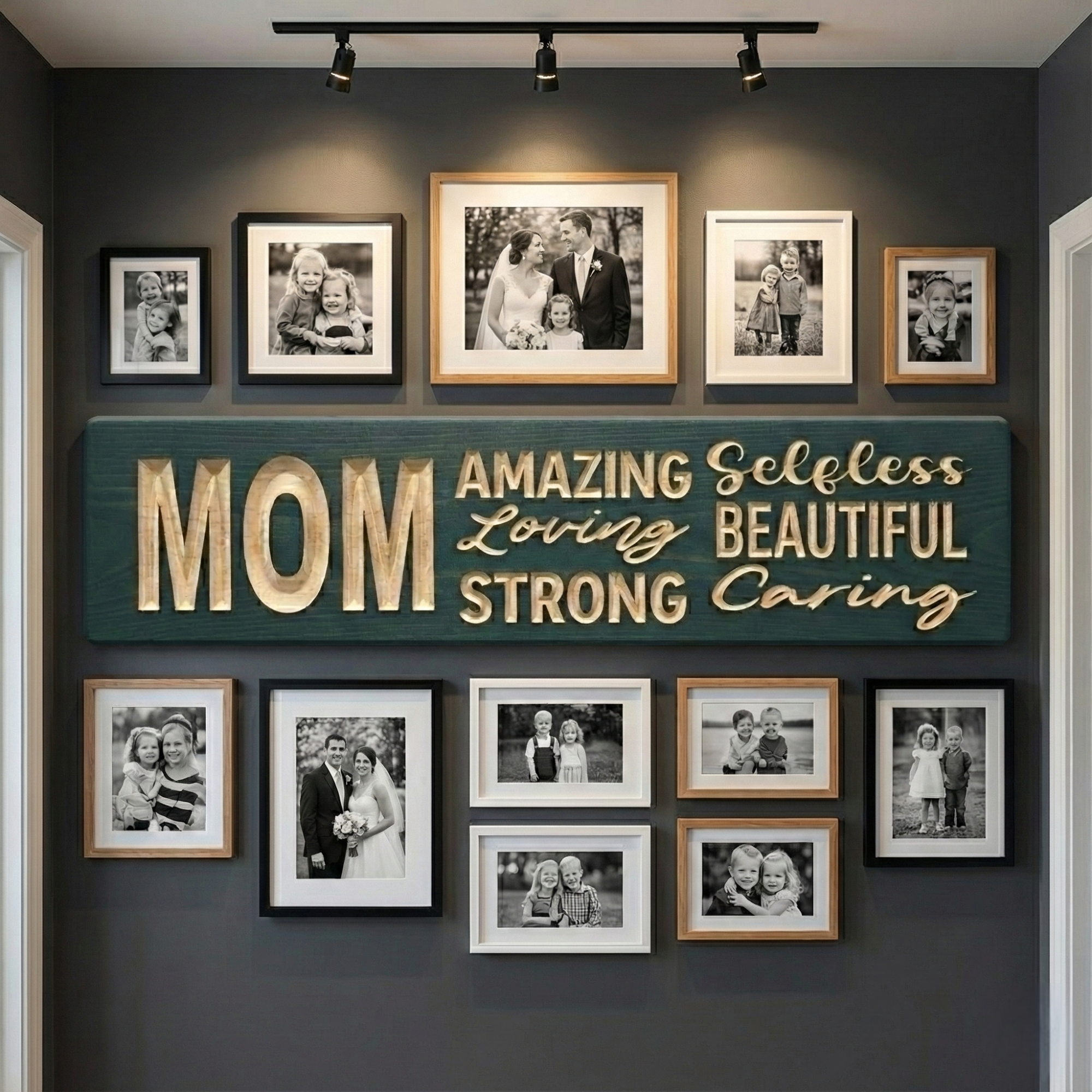 "Bluegrass Gifts 'MOM: Amazing, Loving, Strong' carved wood sign as the centerpiece of a family photo gallery wall with track lighting on a dark gray wall."