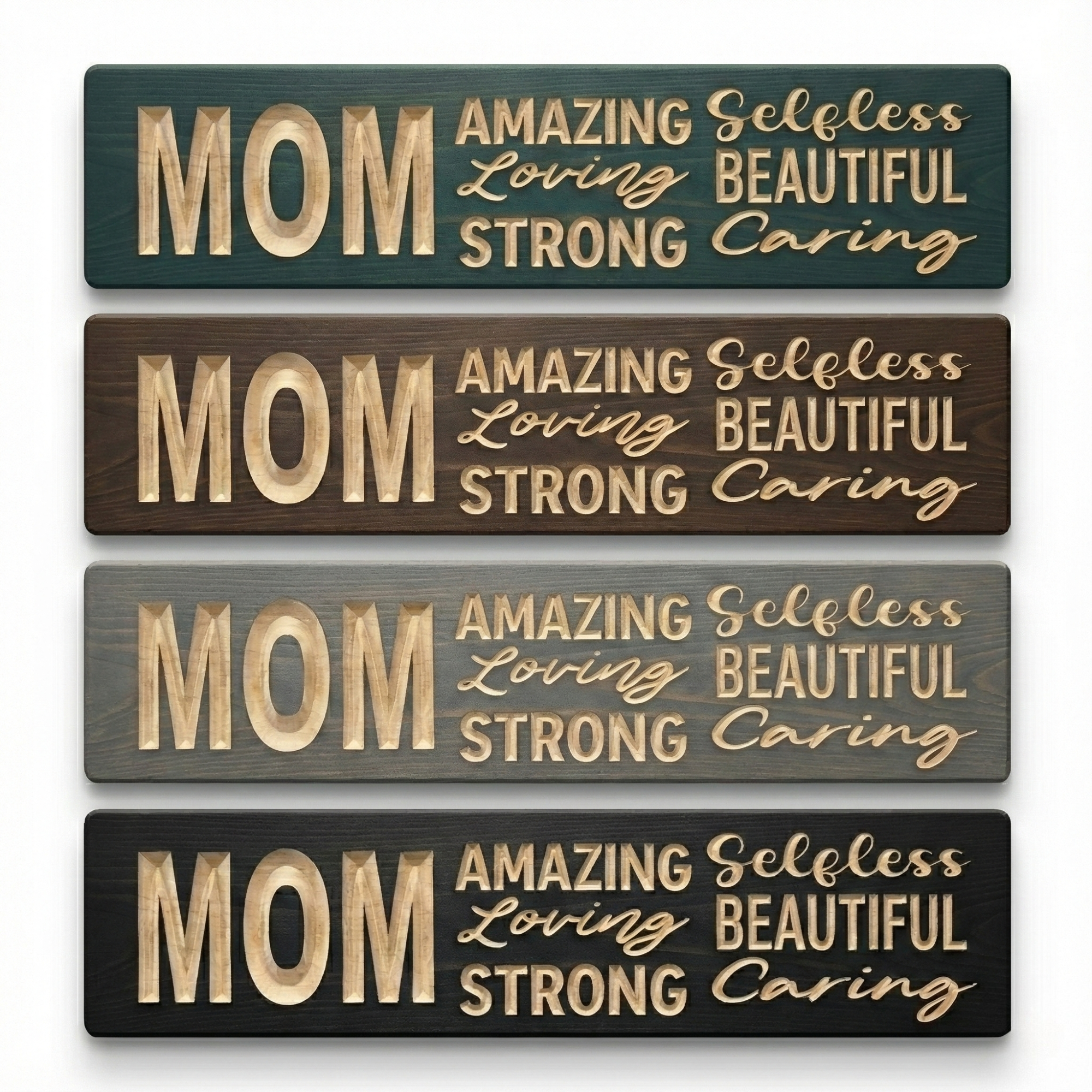 "Four Bluegrass Gifts 'MOM: Amazing, Loving, Strong' carved wood signs displayed in different finish options: teal, dark walnut, weathered gray, and black."