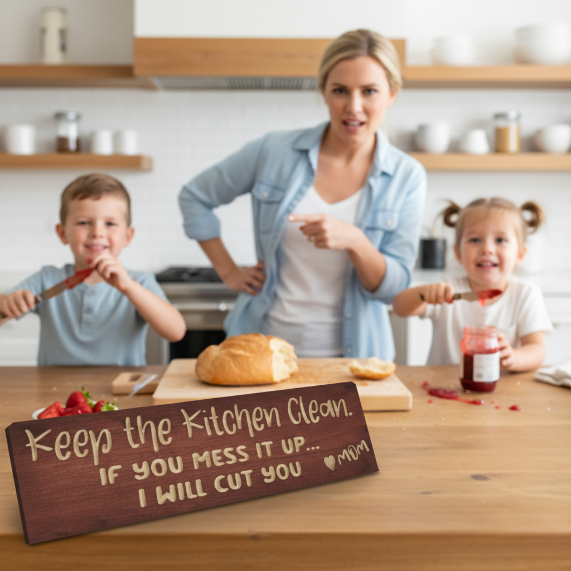 A mom pointing with a mock-stern face at the "I Will Cut You" sign, which is in the foreground, while her two kids make a mess with jam in the background.