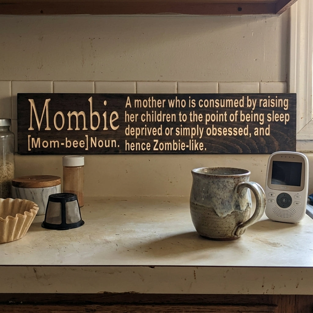 Mombie Sign — Funny Tired Mom Carved Wood Decor