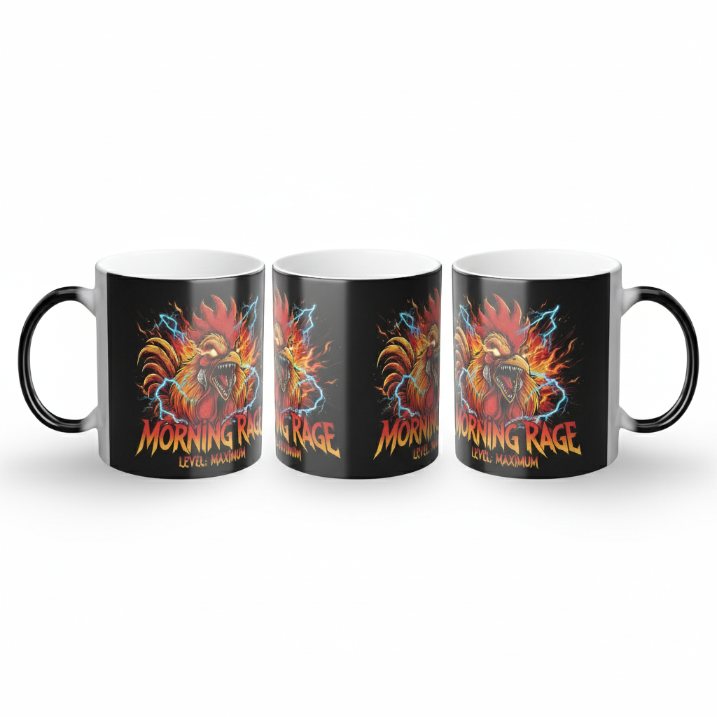 Funny black Magic Mug with angry rooster graphic and 'Morning Rage Level: Maximum' text revealed by hot coffee. Perfect gift for morning haters and coffee lovers.