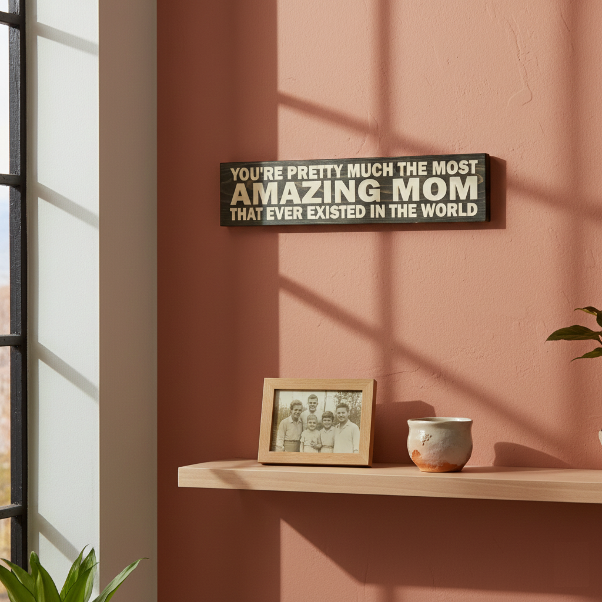 Carved wooden mom sign displayed on a bedroom wall above a wooden shelf with a family photo.