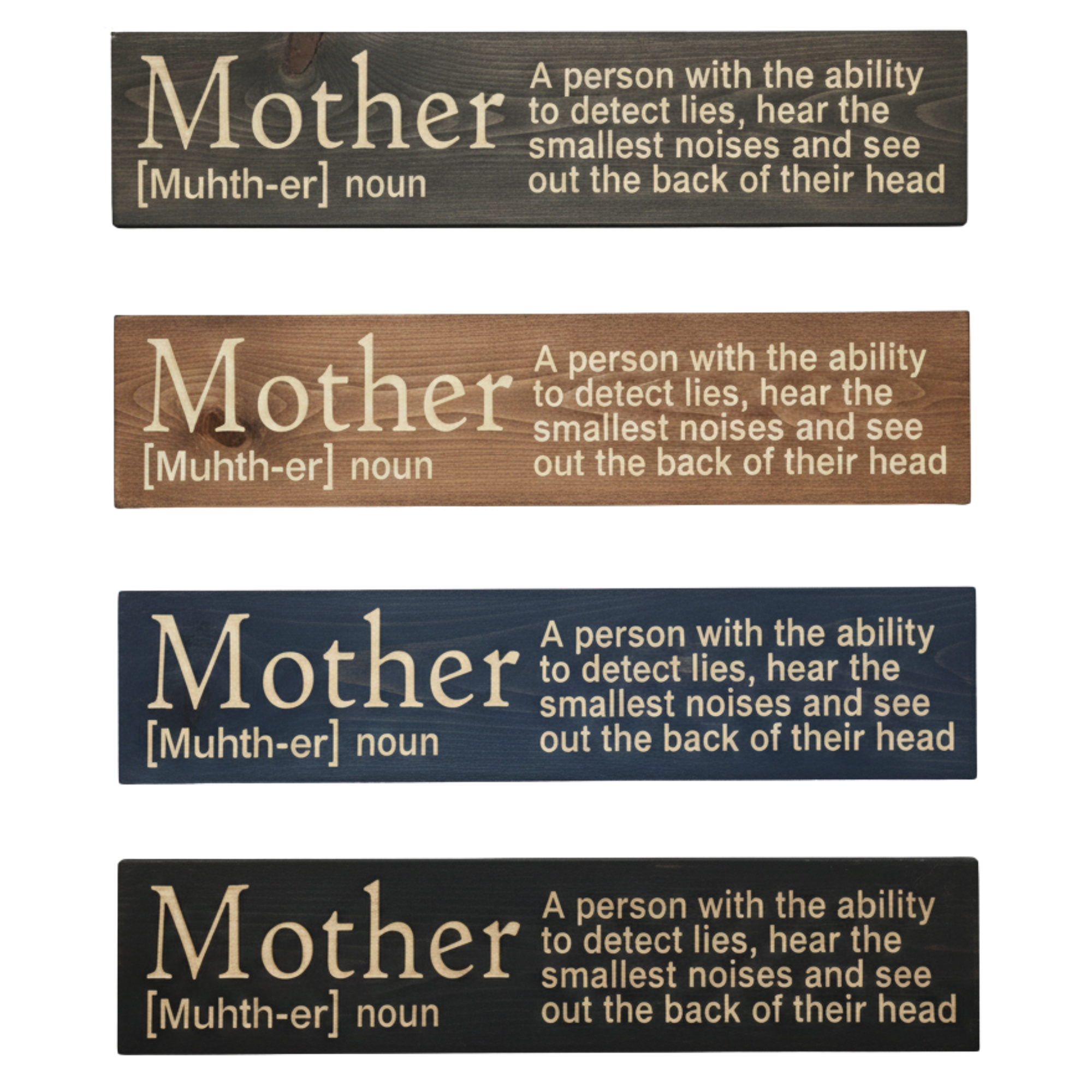 4 variations of the 'Mother Definition' CNC-carved wood sign in Dark Walnut, Early American, Navy Blue, and Black finishes.