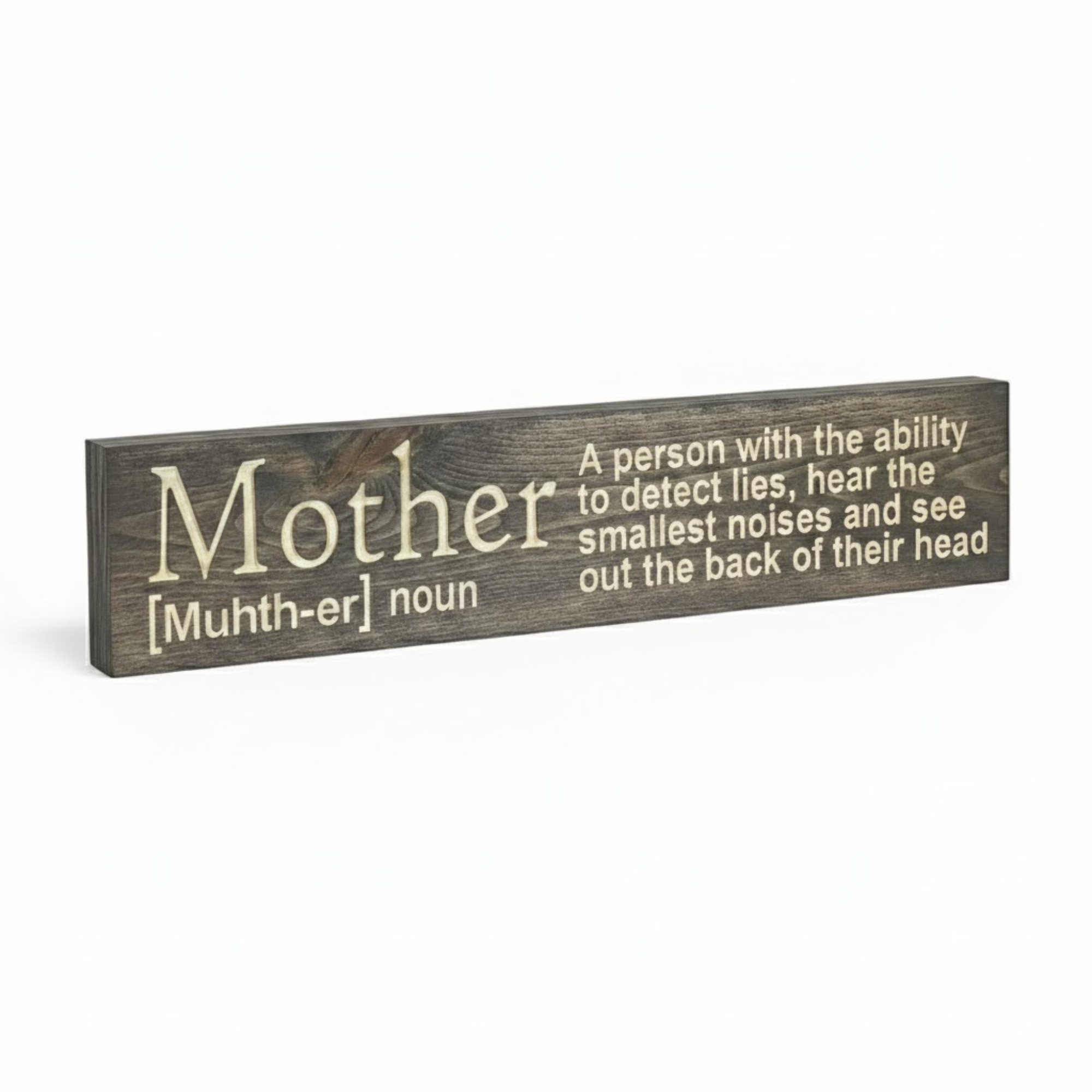 Side view of a 3D deep-carved wooden sign showing the 'Mother' dictionary definition and the depth of the CNC engraving.