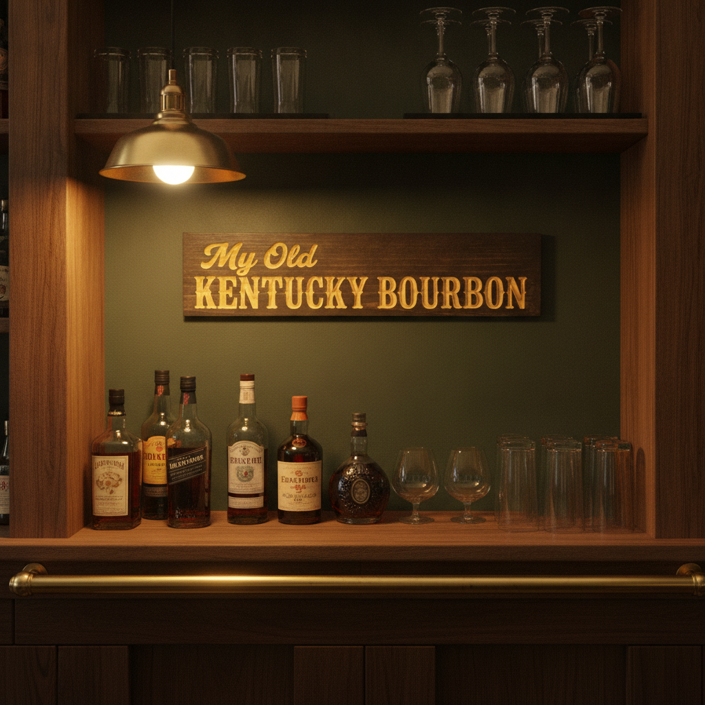 Pub Decor — My Old Kentucky Bourbon Carved Wood Sign — styled in room — Bluegrass Gifts