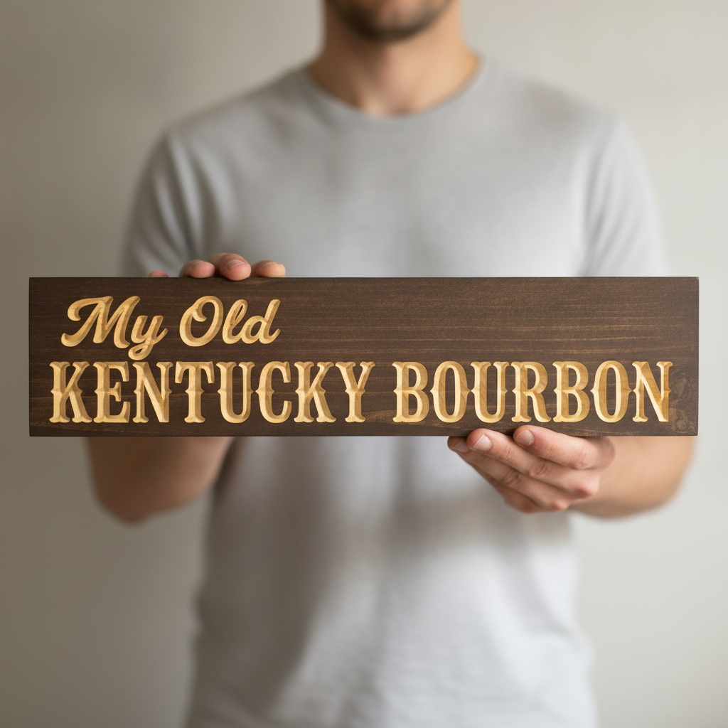 Pub Decor — My Old Kentucky Bourbon Carved Wood Sign — shown to scale, held — Bluegrass Gifts