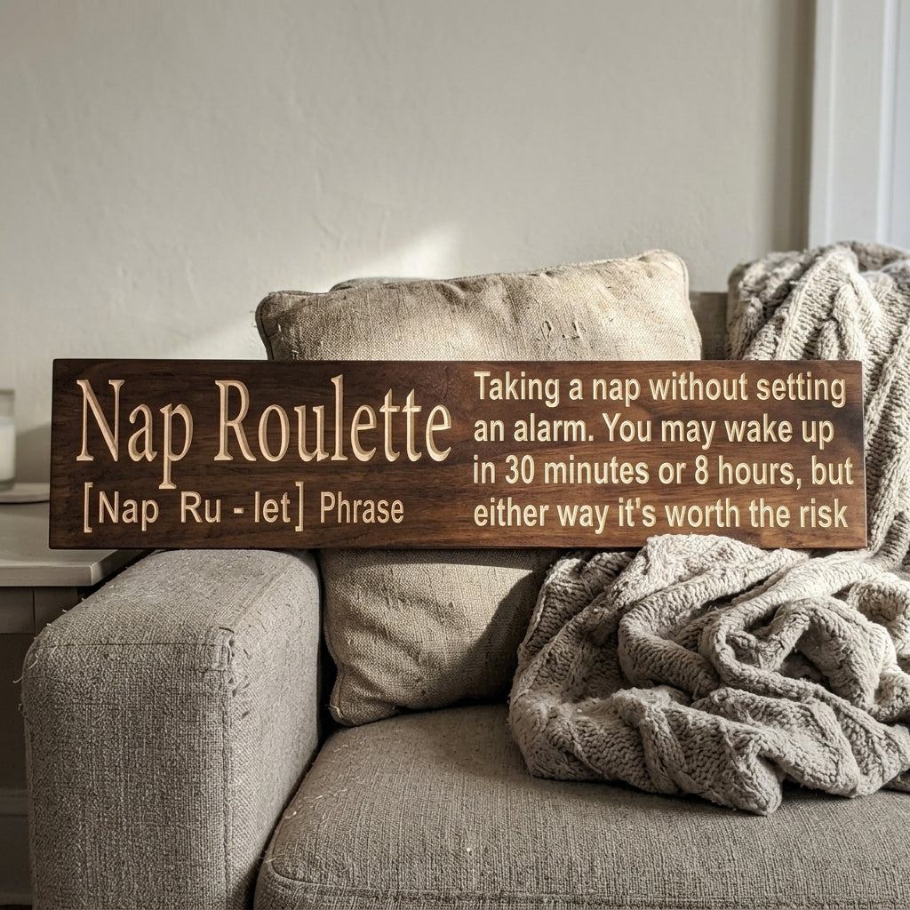 A dark brown Napping Sign with "Nap Roulette" carved in light letters sits on a gray couch with a blanket from Bluegrass Gifts