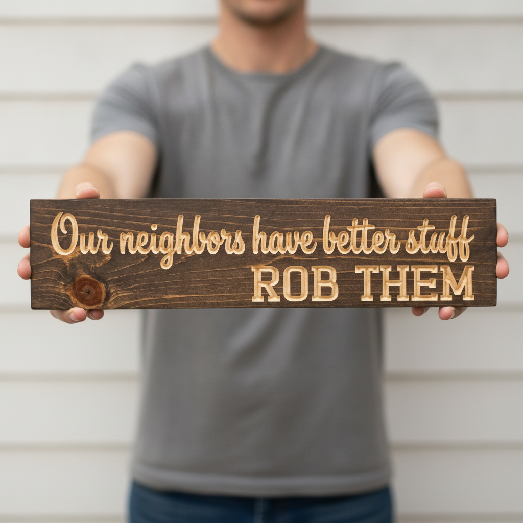 Funny Neighbor Sign — Our Neighbors Have Better Stuff — shown to scale, held — Bluegrass Gifts