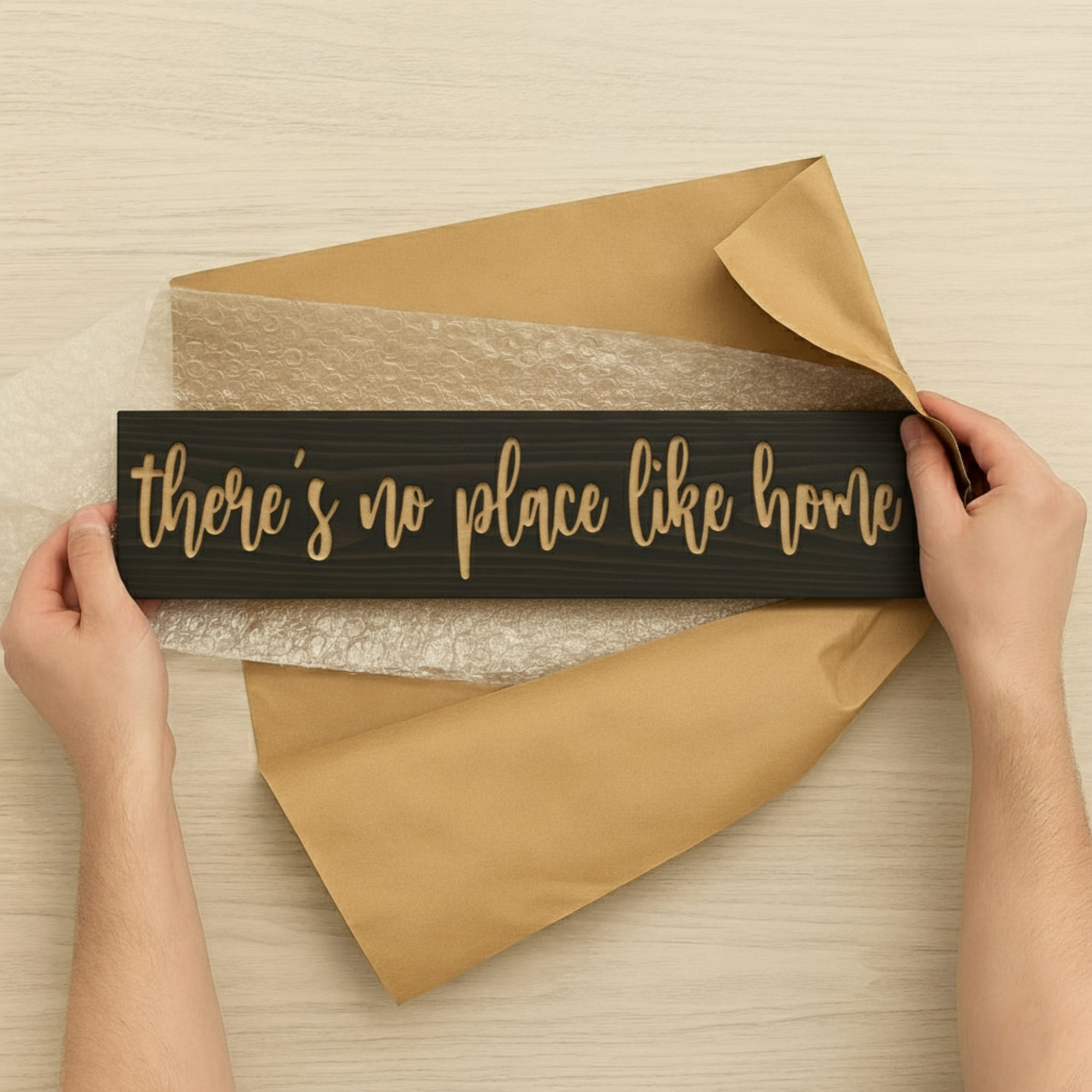 Hands unboxing the “There’s No Place Like Home” wooden sign, ready for gifting with protective wrap.