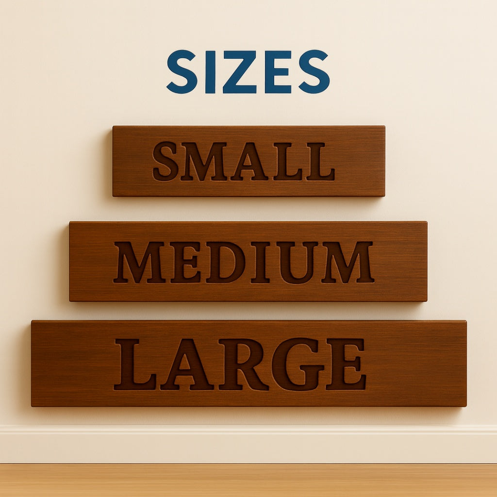 "No Soliciting Unless You Are A Kid" wood sign size guide showing Small, Medium, and Large dimensions for custom home entry decor.
