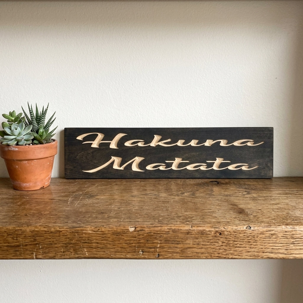 A dark No Worries Sign with light carved letters rests on a rustic wooden shelf next to a small potted succulent from Bluegrass Gifts