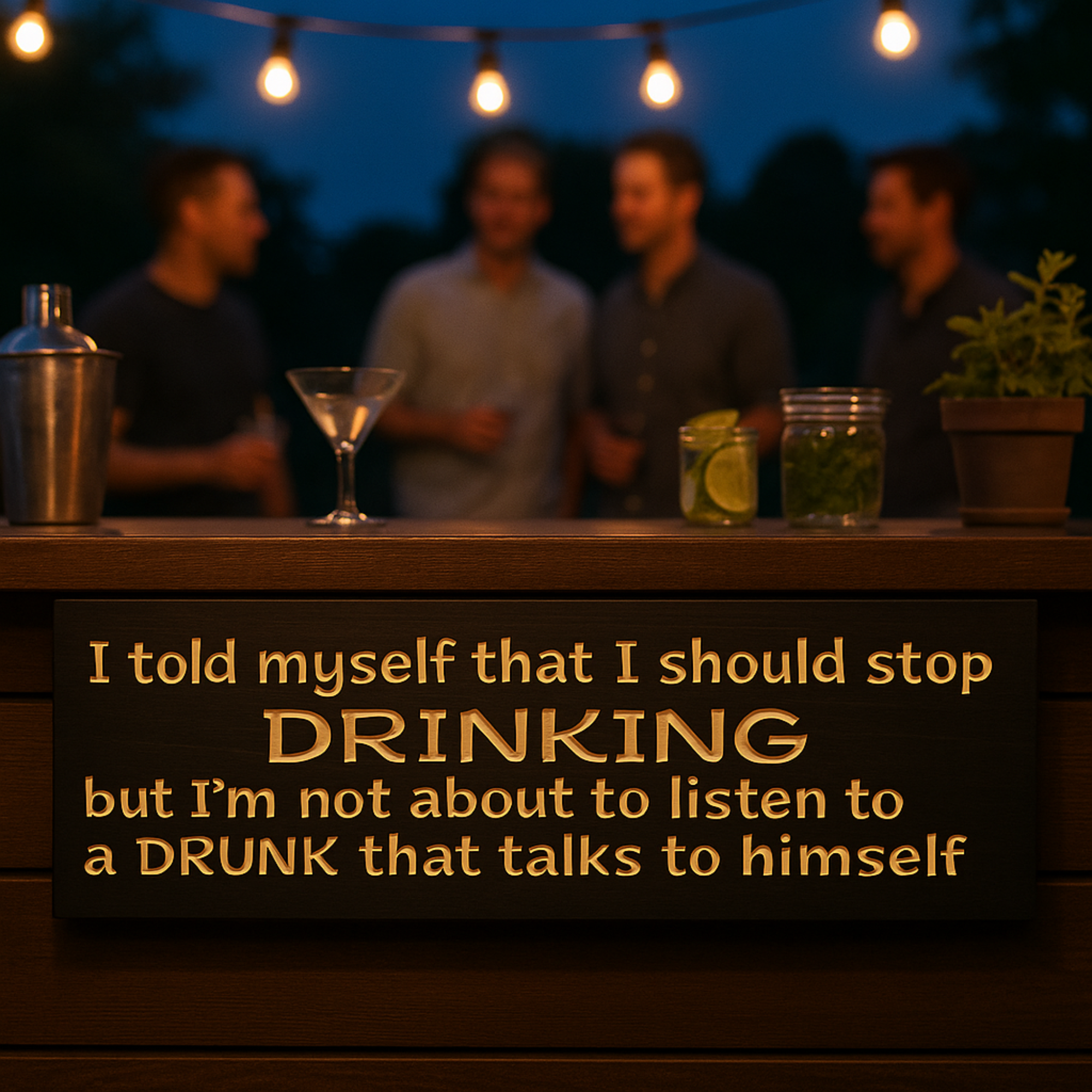 Patio bar sign wood at dusk with friends softly blurred—funny drinking quote wall décor.