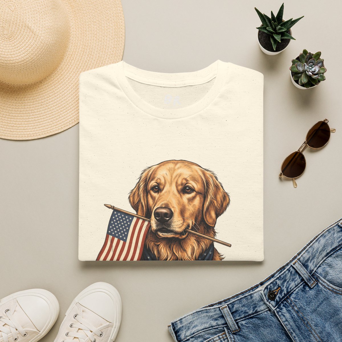 Patriotic Shirt for Women — Golden Retriever Flag Tee in Natural