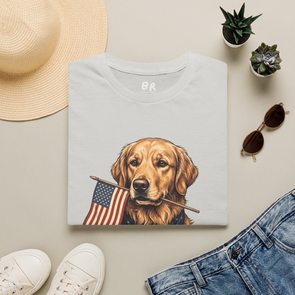 Patriotic Shirt for Women — Golden Retriever Flag Tee in Ice Grey