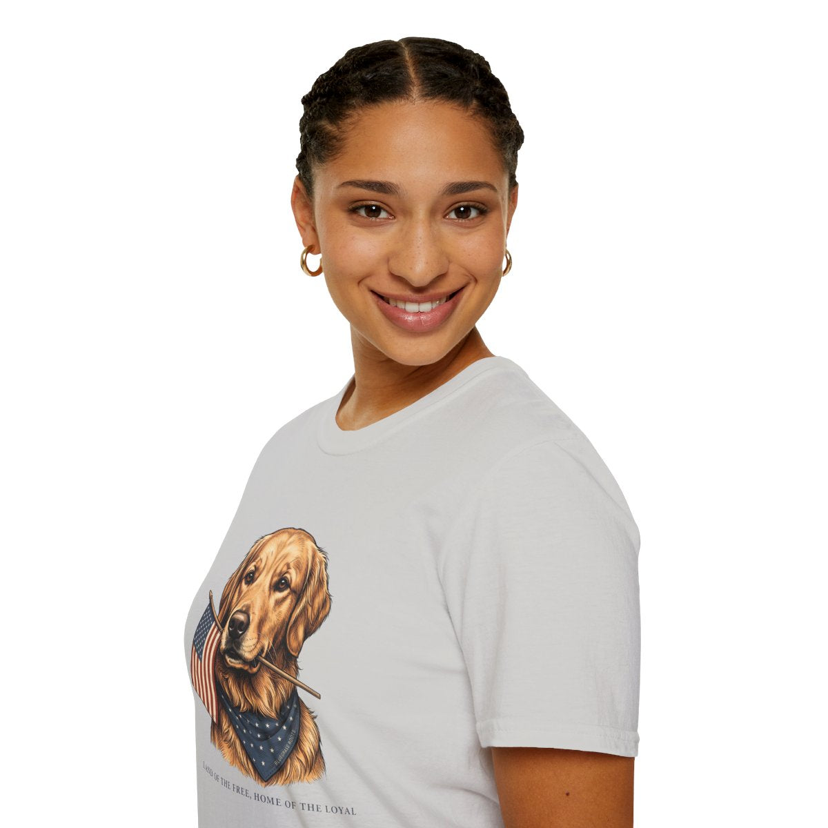 Patriotic Shirt for Women — Golden Retriever Flag Tee in Ice Grey