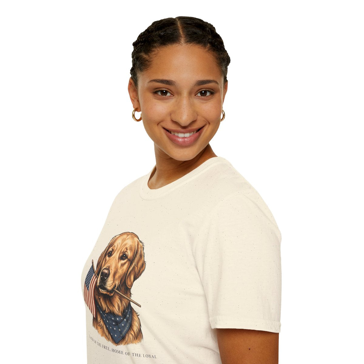 Patriotic Shirt for Women — Golden Retriever Flag Tee in Natural