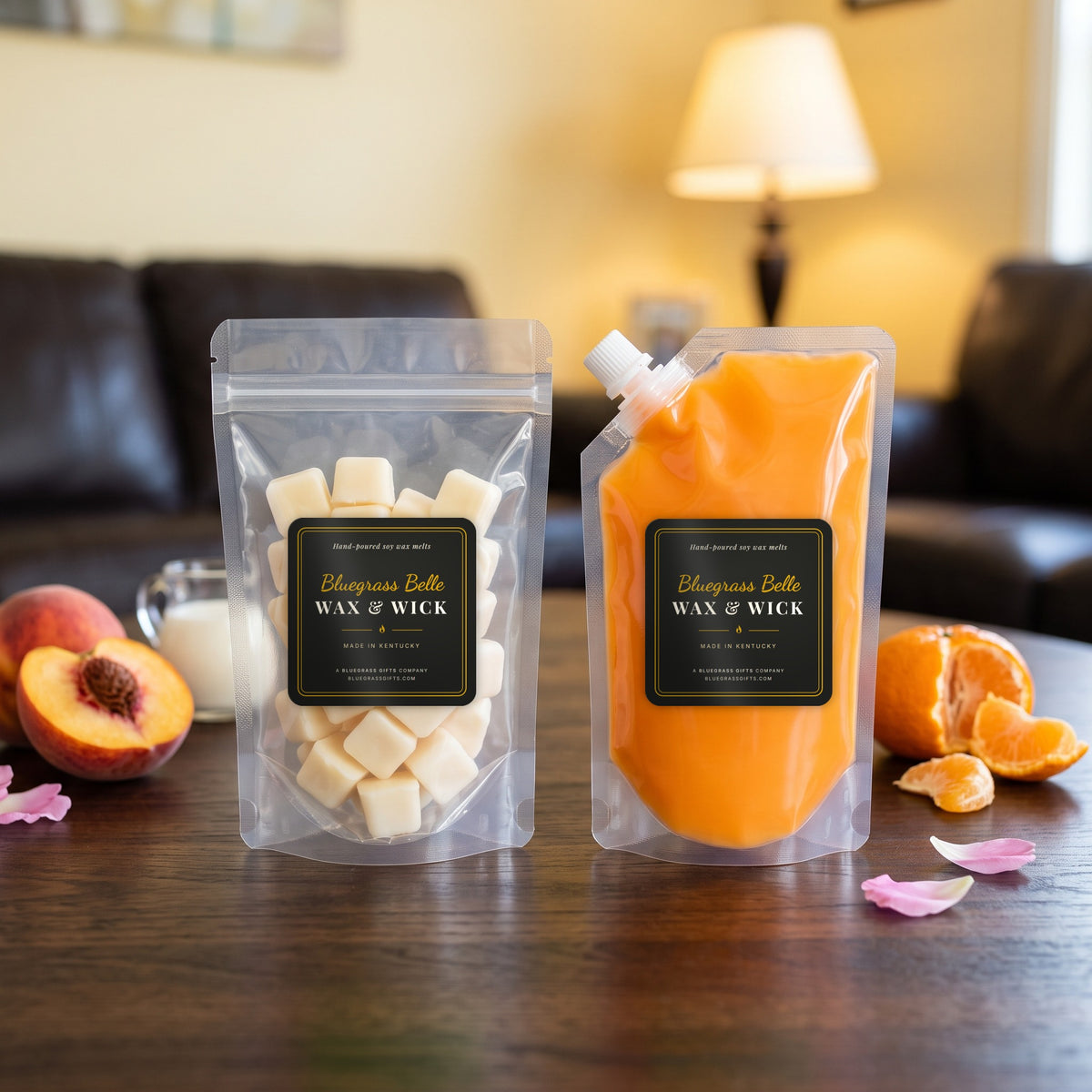 Peaches & Cream Queen squeeze wax melt pouch and wax melt tarts by Bluegrass Belle Wax & Wick