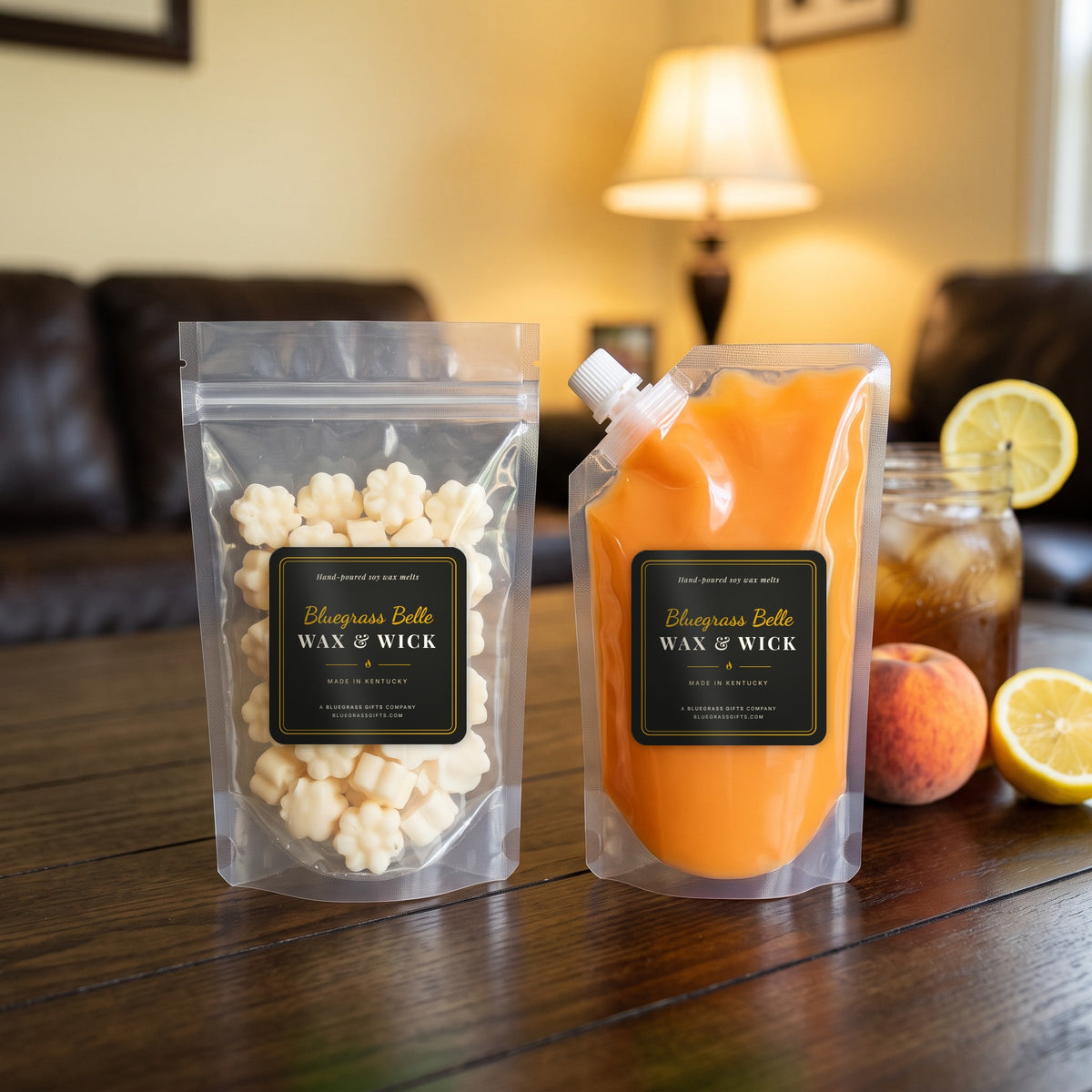 Peachy Keen Tea squeeze wax melt pouch and wax melt tarts by Bluegrass Belle Wax & Wick