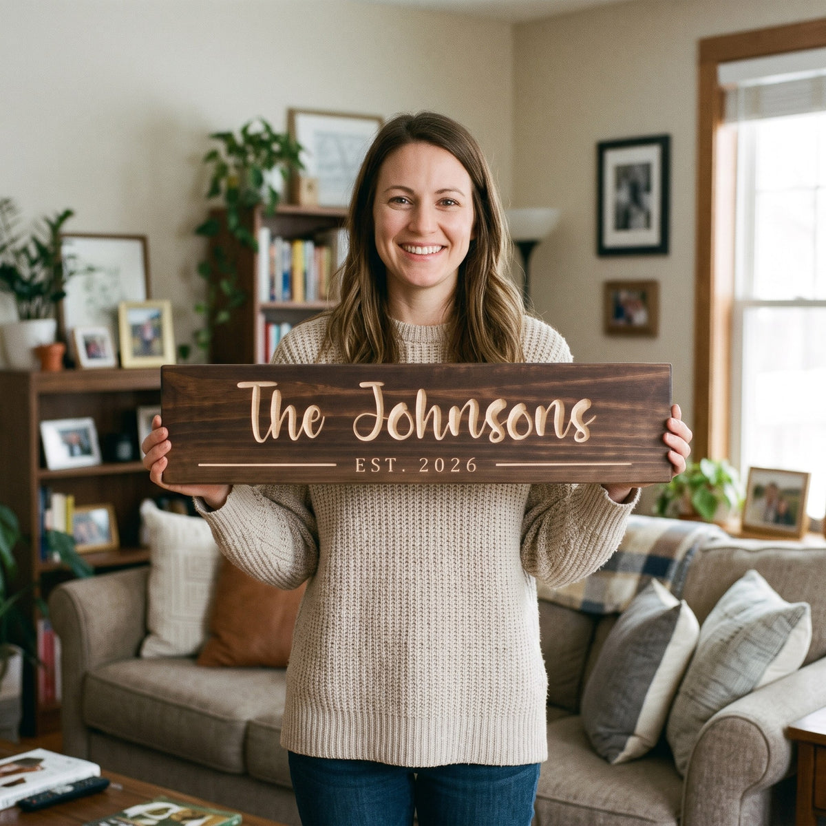 A smiling woman in her thirties in a cozy knit sweater standing in her warm living room holds a personalized wood sign that reads The Johnsons