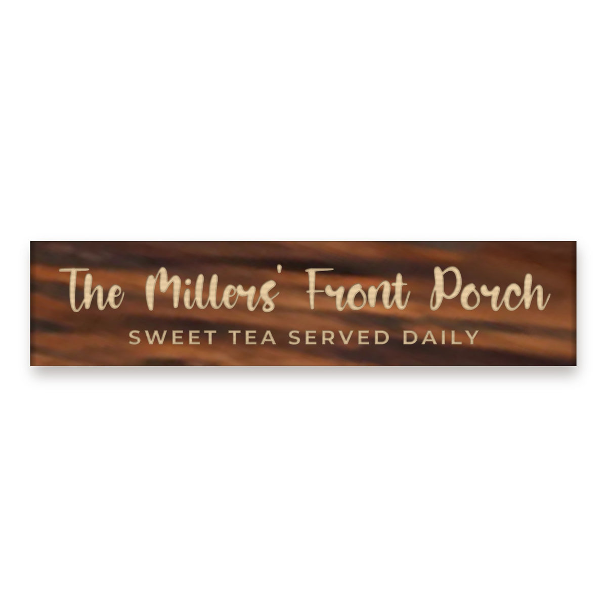Flowing script version of the The Millers' Front Porch sign in Dark Walnut