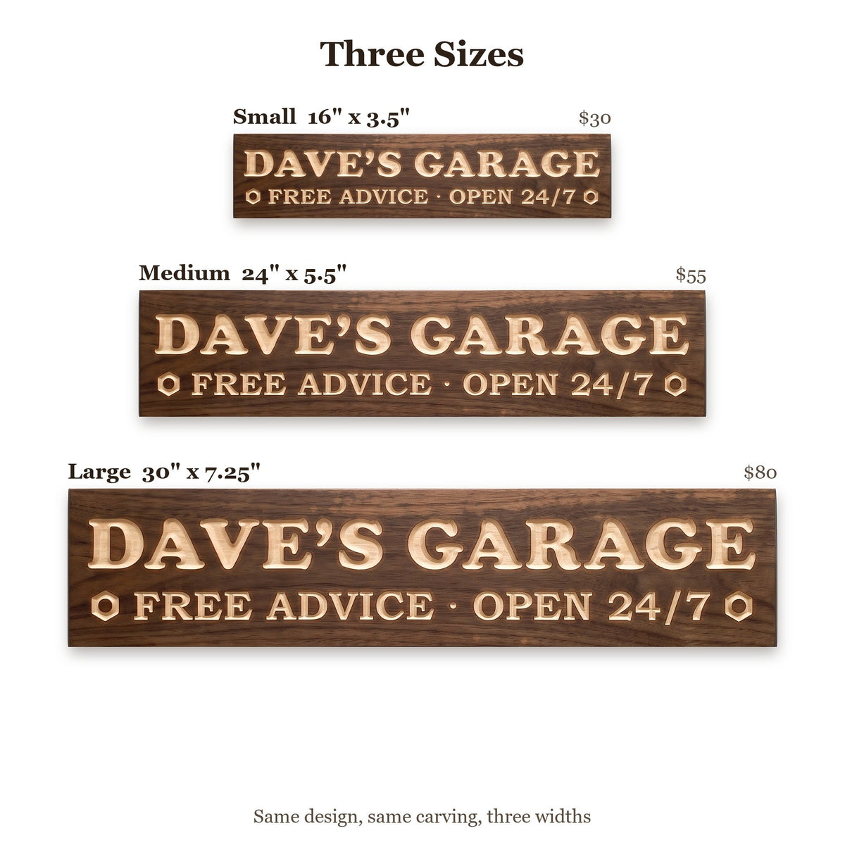 Dave's Garage sign size guide: Small 16 x 3.5 inches, Medium 24 x 5.5 inches, Large 30 x 7.25 inches