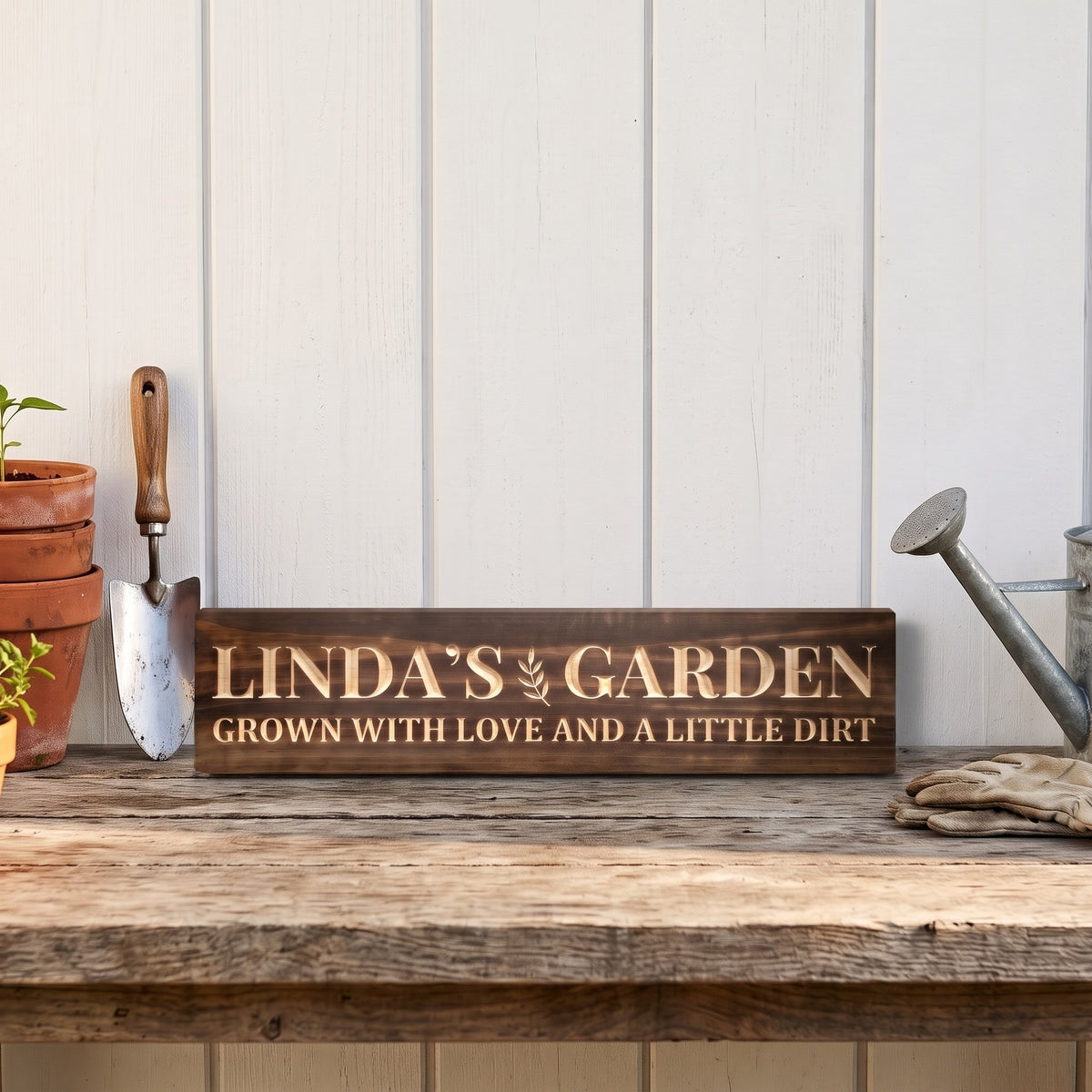 Linda's Garden personalized wood sign standing on a potting bench beside terracotta pots, a hand trowel and a watering can