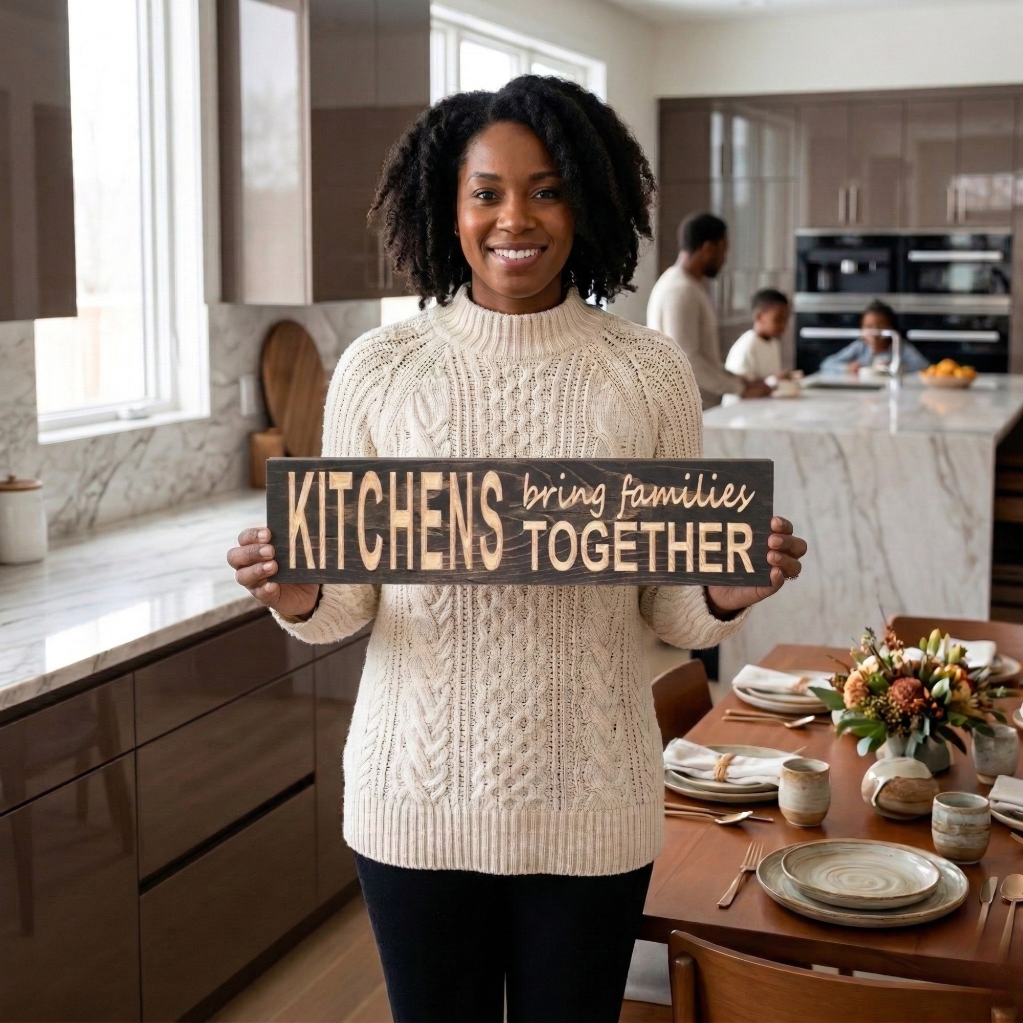 A smiling woman in a modern kitchen holding the "KITCHENS bring families TOGETHER" wood sign, with her family gathered in the background.