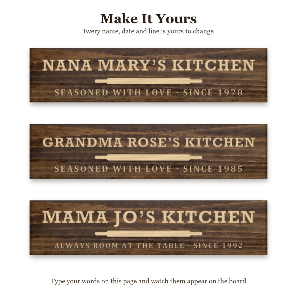 Nana Mary's Kitchen sign shown with three different sets of words on the same walnut board, to show every name, date and line can be changed